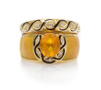 An 18 Karat Yellow Gold, Yellow Sapphire, Diamond and Polychrome Enamel Ring, 9.80 dwts.