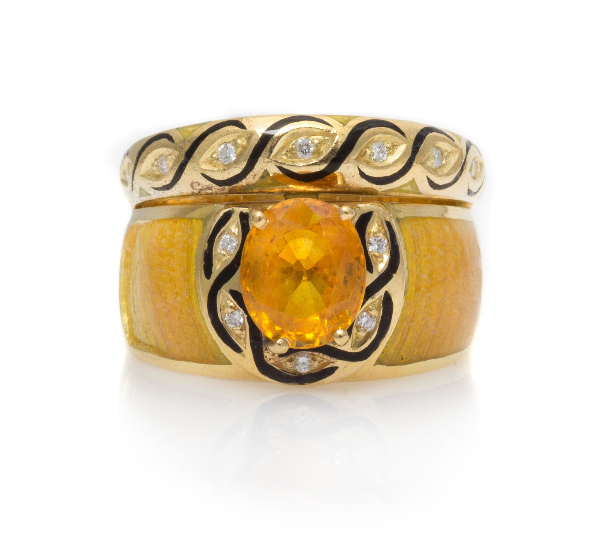 An 18 Karat Yellow Gold, Yellow Sapphire, Diamond and Polychrome Enamel Ring, 9.80 dwts.