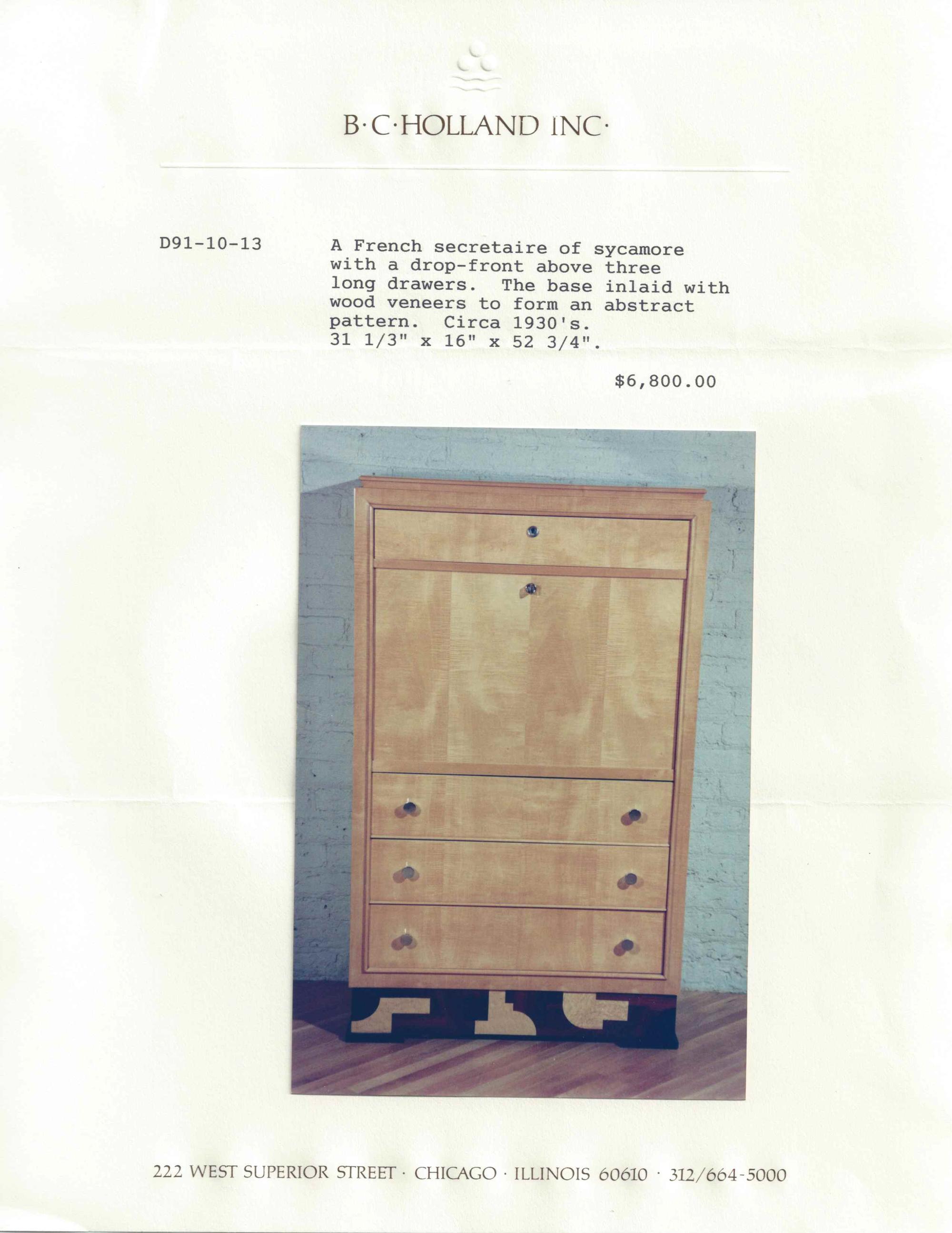 A French Art Deco Sycamore and Parcel Ebonized Secrétaire à Abattant
