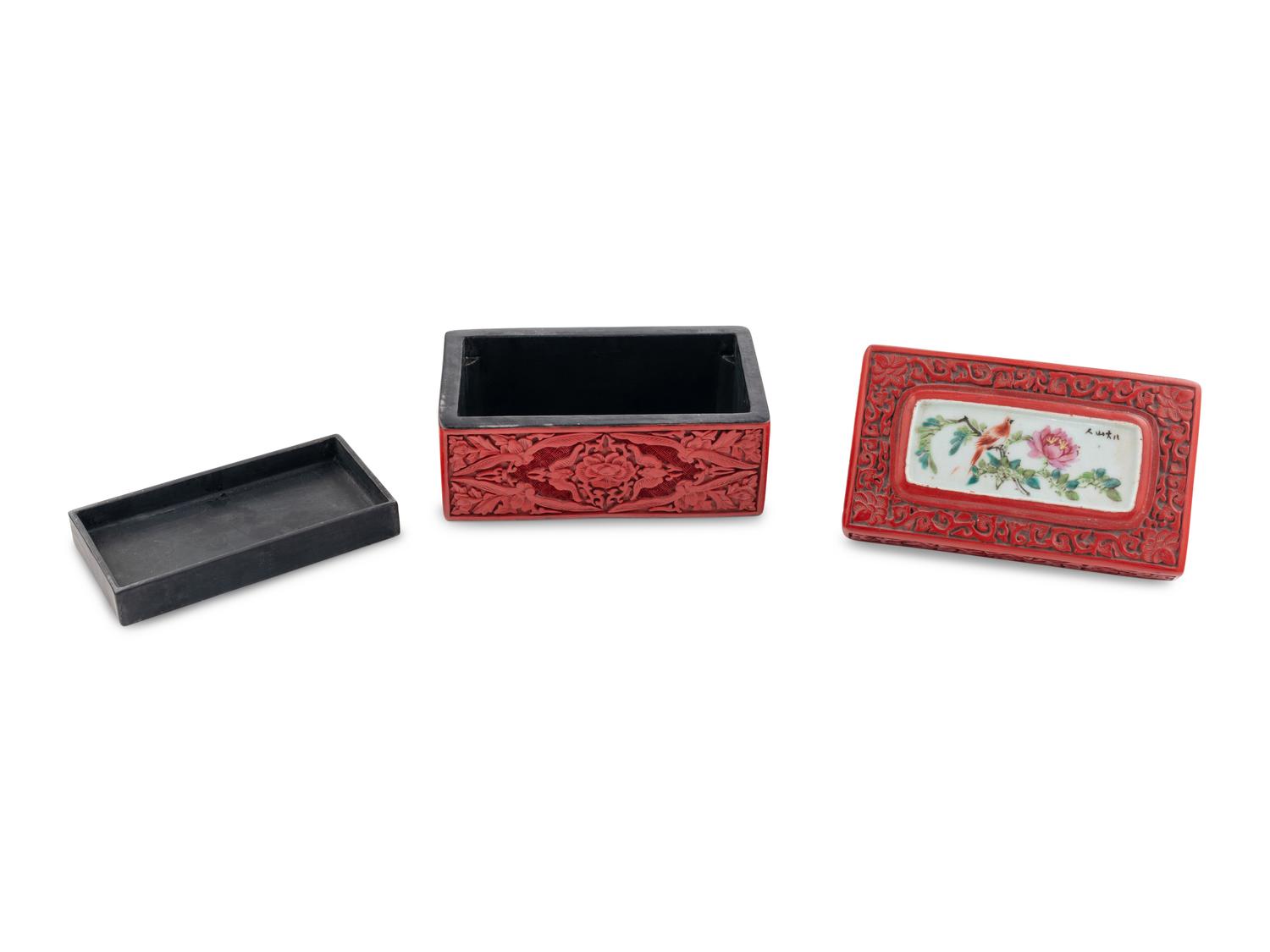 A Chinese Porcelain-Inset Red Lacquer Box