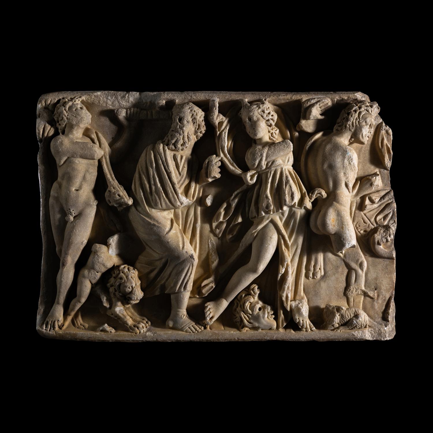 A Roman Marble Sarcophagus Fragment with a Dionysian Scene