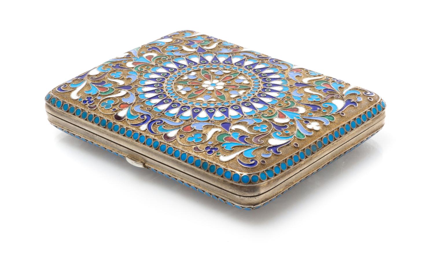 A Russian Silver and Enamel Cigarette Case, Mark of Sergey Shaposhnikov, Kokoshnik Mark of Ivan Lebedkin, Moscow, the case having a mat