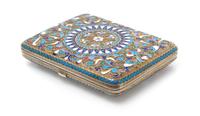A Russian Silver and Enamel Cigarette Case, Mark of Sergey Shaposhnikov, Kokoshnik Mark of Ivan Lebedkin, Moscow, the case having a mat
