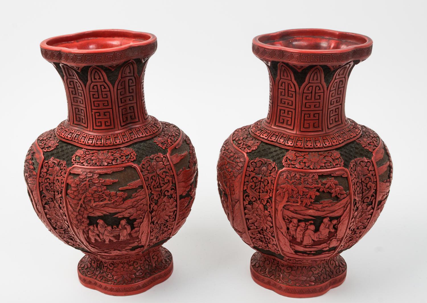A Pair of Cinnabar Vases Height 17 inches.