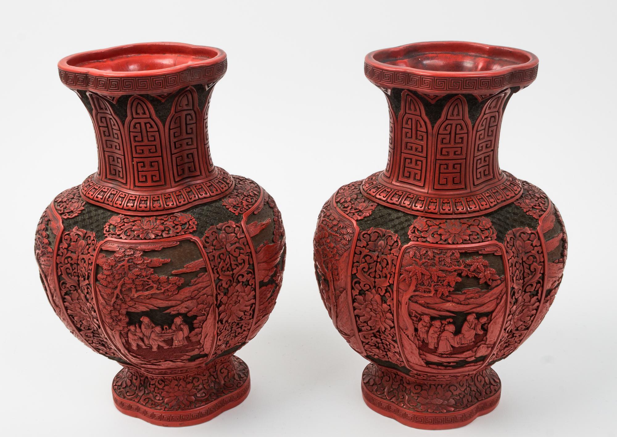 A Pair of Cinnabar Vases Height 17 inches.