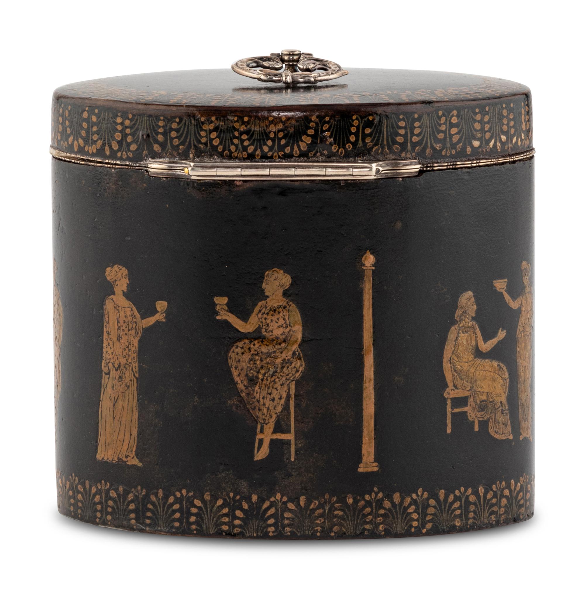 An English Ebonized and Pen-Work Decorated Tea Caddy