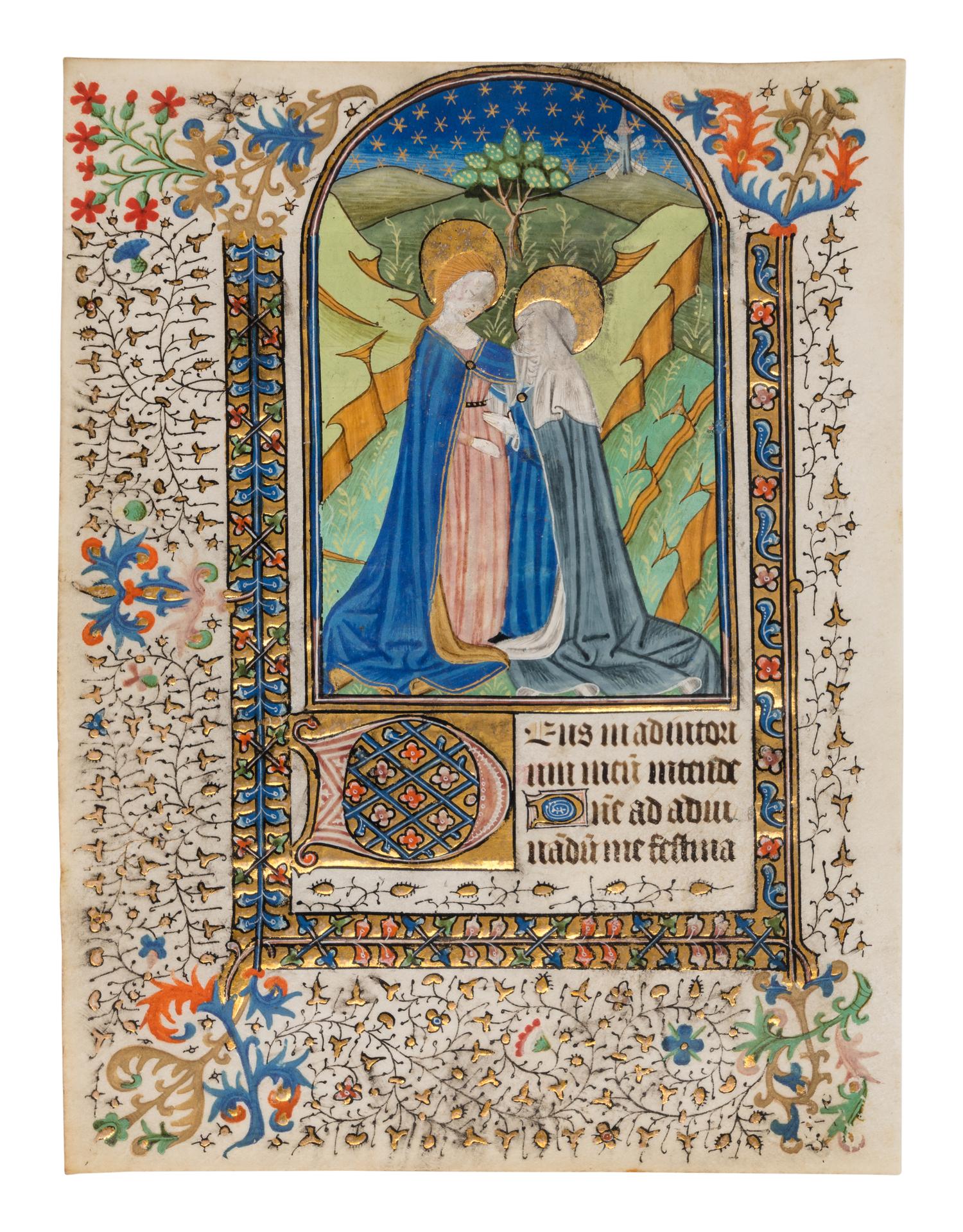 MASTER OF SIR JOHN FASTOLF (active Paris, Rouen, and London, c. 1420-1460) A leaf from a Book of Hours, use of Rouen, including a large miniature of the Visitation, in Latin, illuminated manuscript on parchment [France, Rouen, c. 1440-1450]