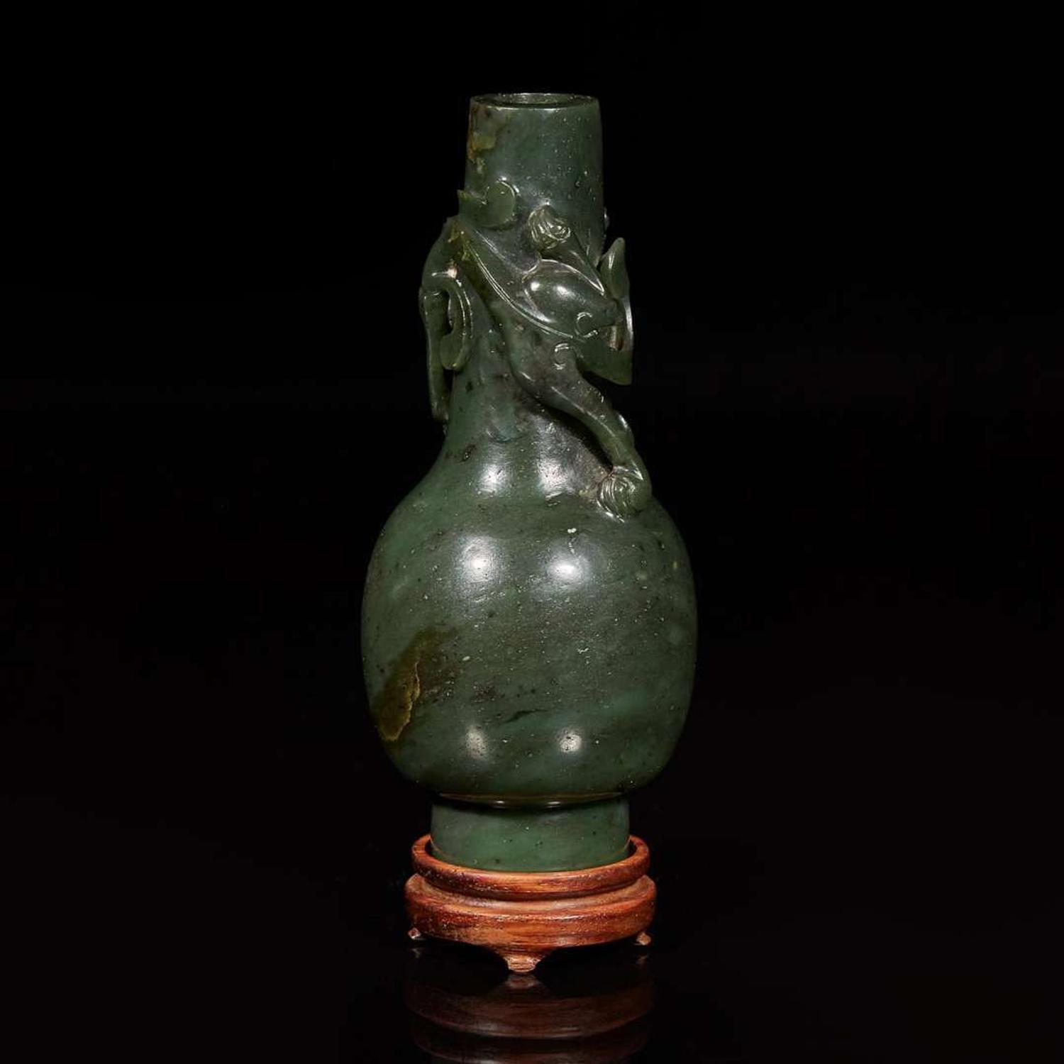 A Chinese carved spinach jade "Qilong" small bottle vase 菠菜綠碧玉盤龍瓶 Possibly 18th/early 19th century ??????????