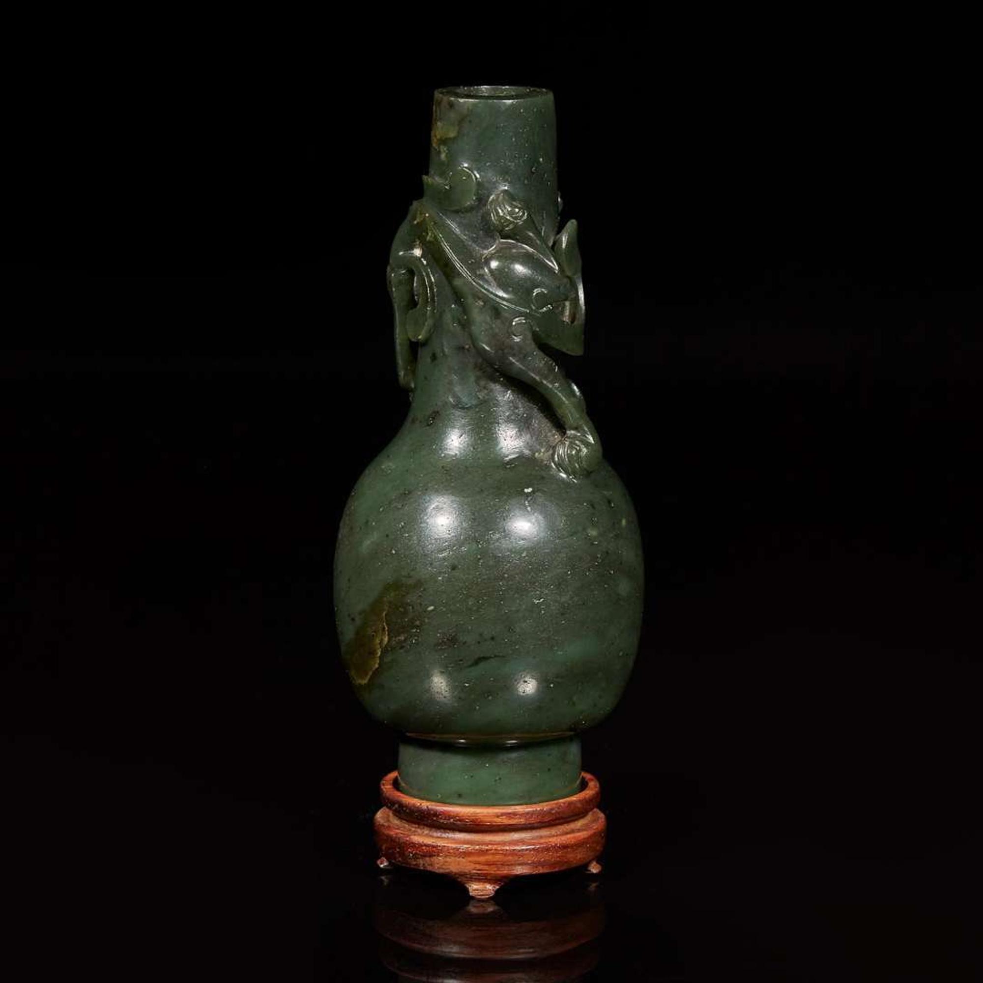 A Chinese carved spinach jade "Qilong" small bottle vase 菠菜綠碧玉盤龍瓶 Possibly 18th/early 19th century ??????????
