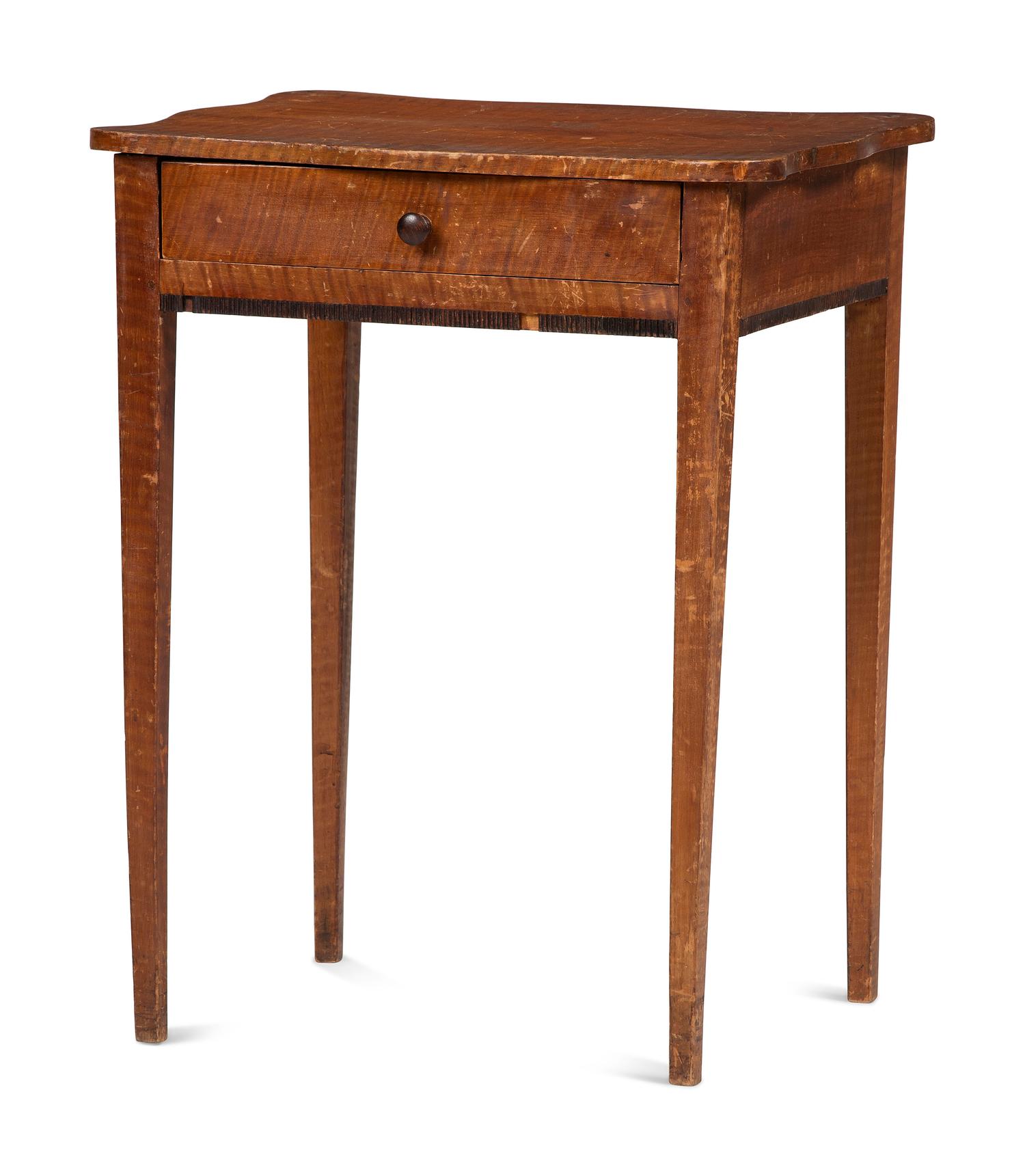 A Federal Inlaid Tiger Maple Serpentine-Top One-Drawer Work Table