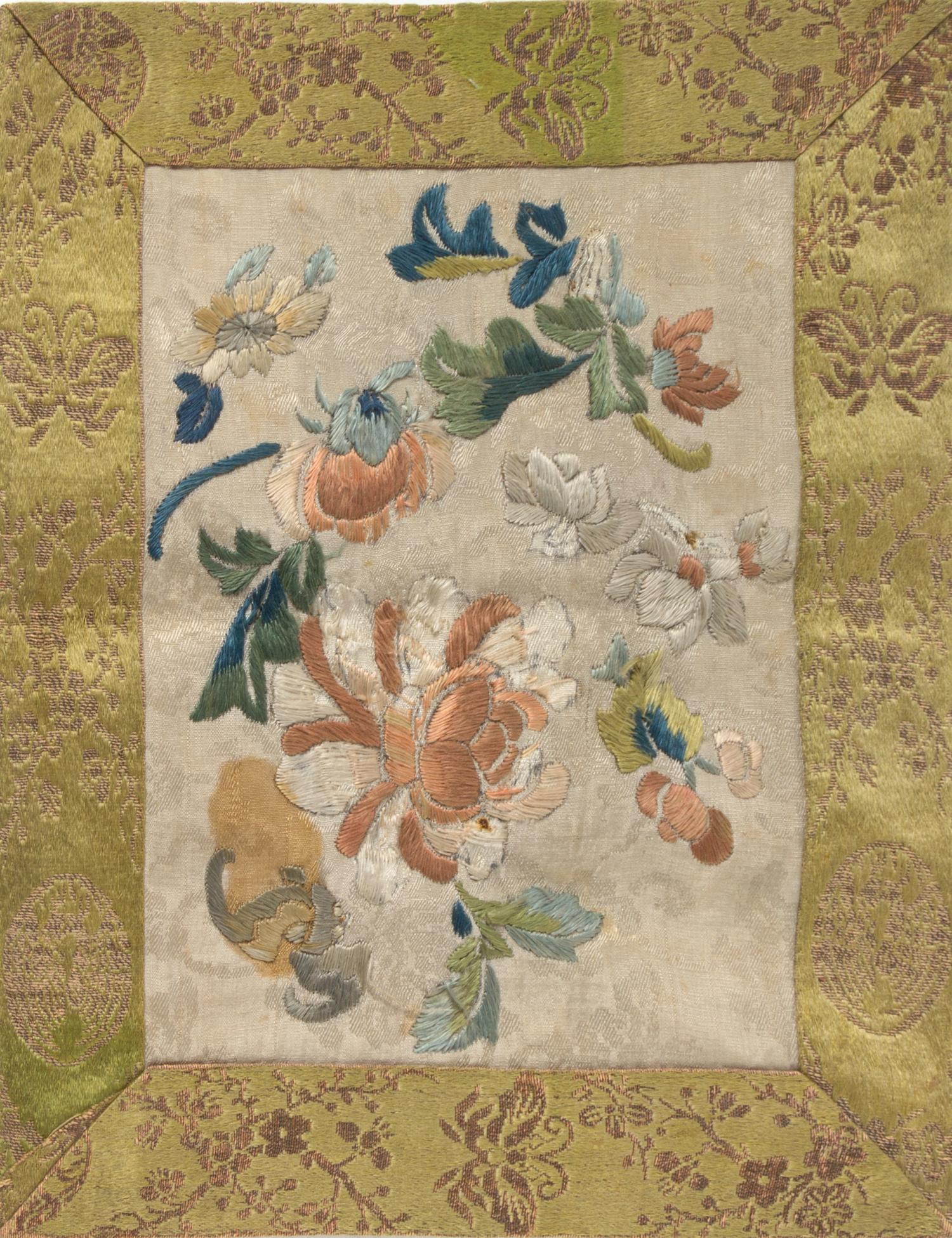 Six Chinese Embroidered Silk Panels Length of largest 26 5/8 inches.