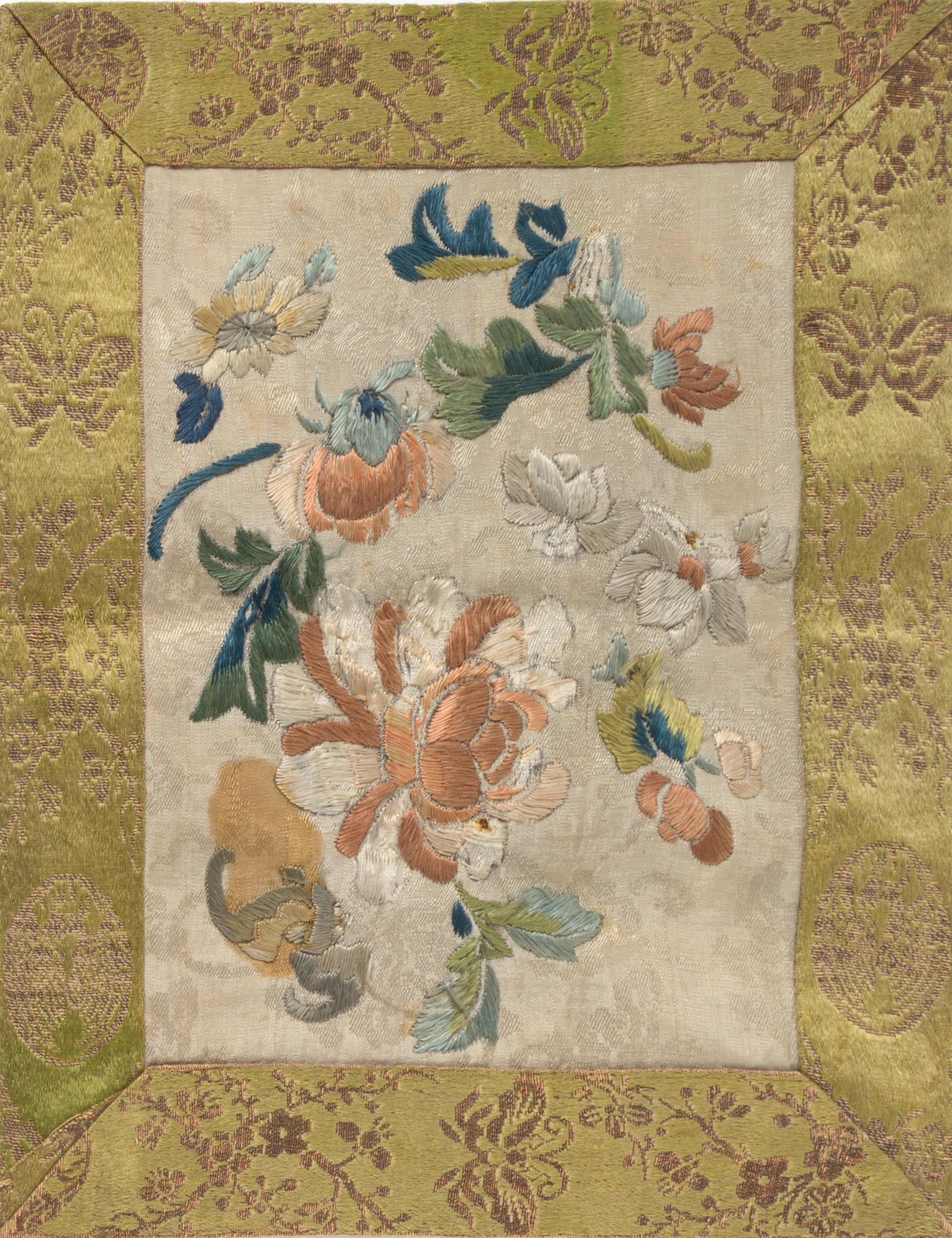 Six Chinese Embroidered Silk Panels Length of largest 26 5/8 inches.