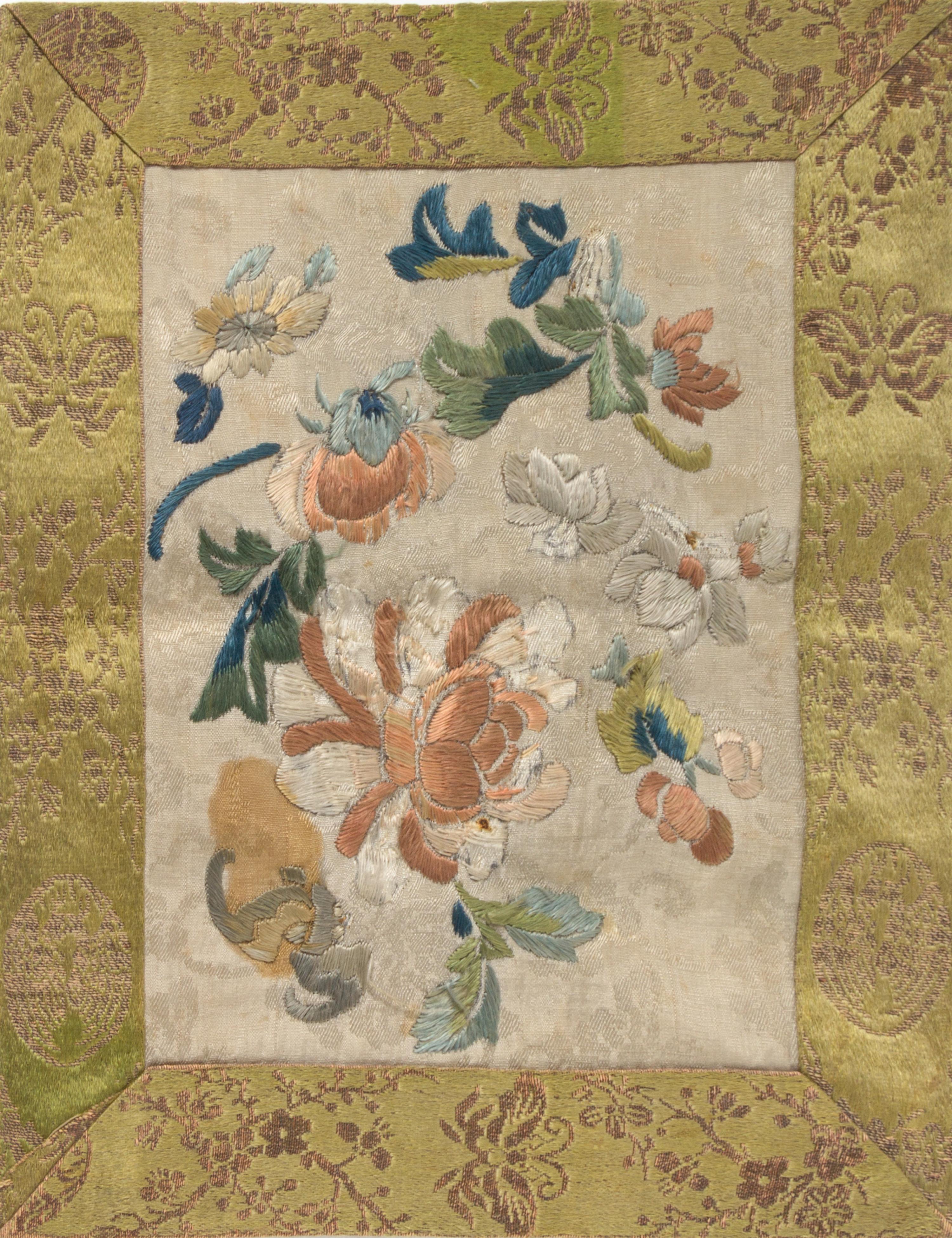 Six Chinese Embroidered Silk Panels Length of largest 26 5/8 inches.
