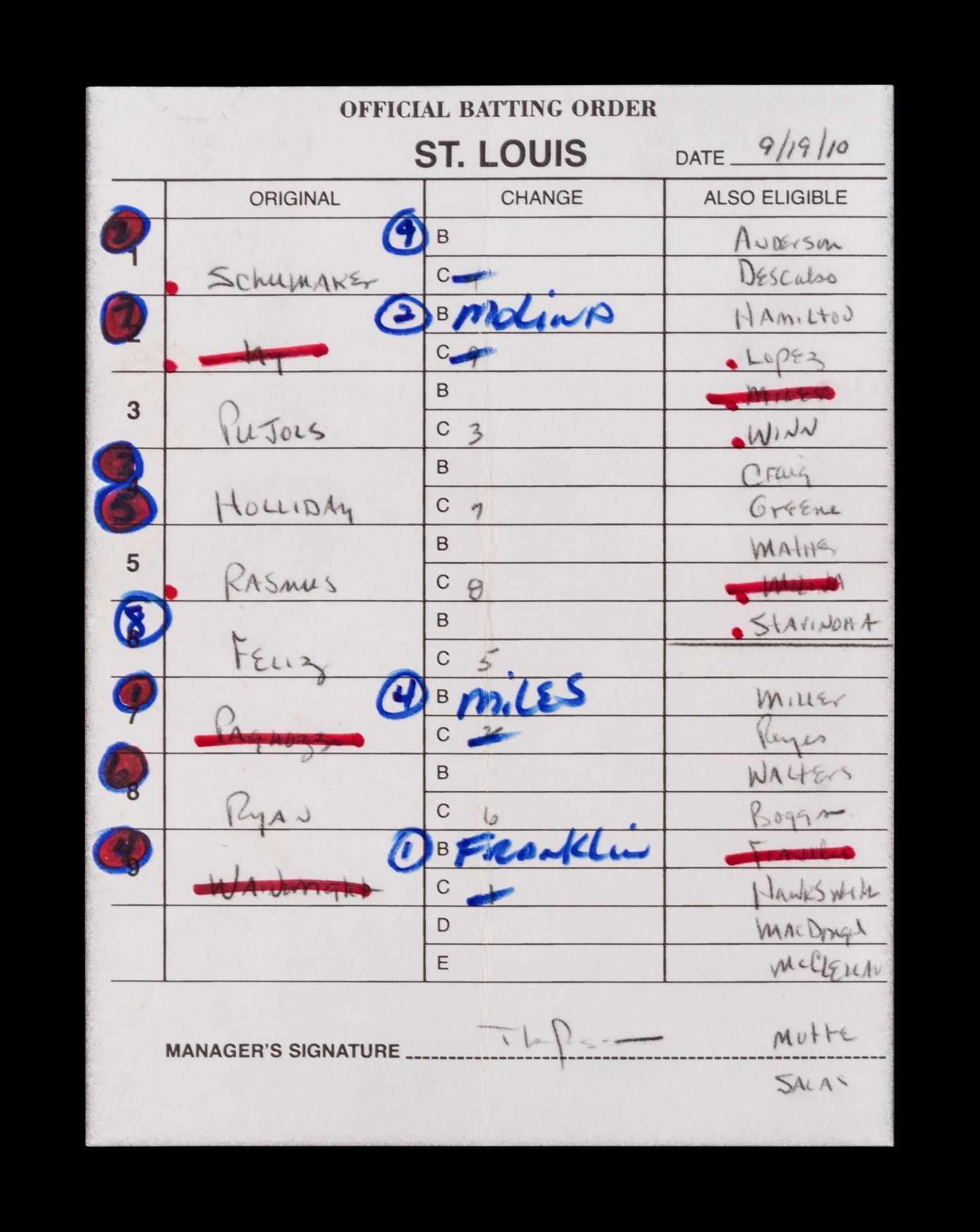 A Group of Five Hall of Fame Manager Signed Autograph Umpire Lineup Cards from The Collection of Baseball Hall of Famer Ted Simmons (including Tony LaRussa and Bobby Cox),