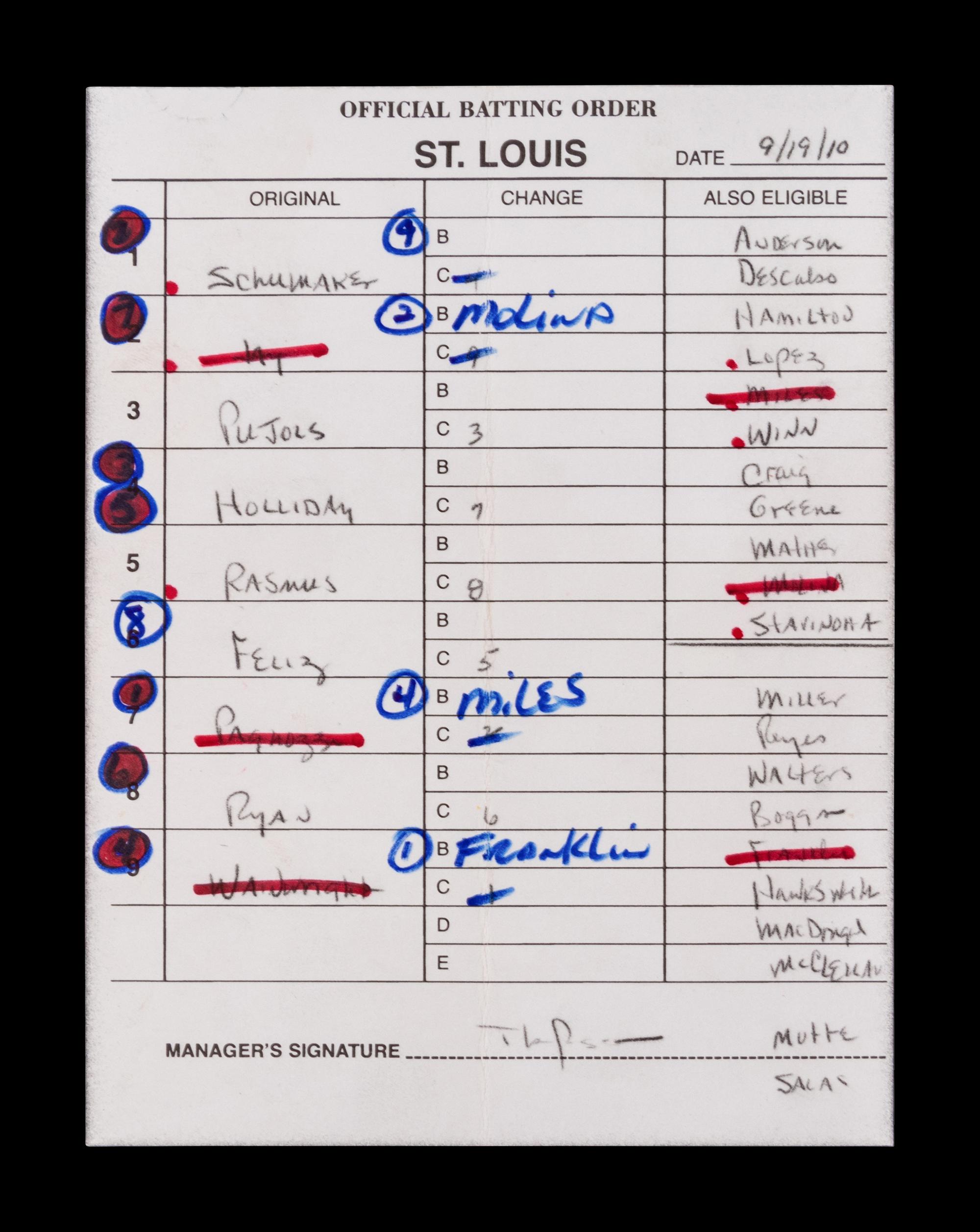 A Group of Five Hall of Fame Manager Signed Autograph Umpire Lineup Cards from The Collection of Baseball Hall of Famer Ted Simmons (including Tony LaRussa and Bobby Cox),