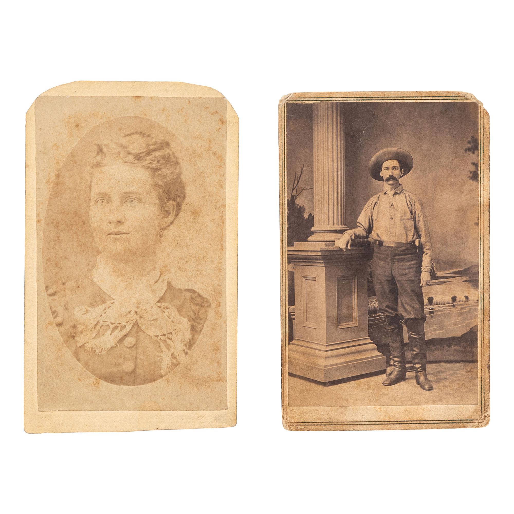 [EARLY PHOTOGRAPHY] -- [COWBOYS]. A group of 2 CDVs, incl. inscribed portrait of armed cowboy and portrait of his companion.