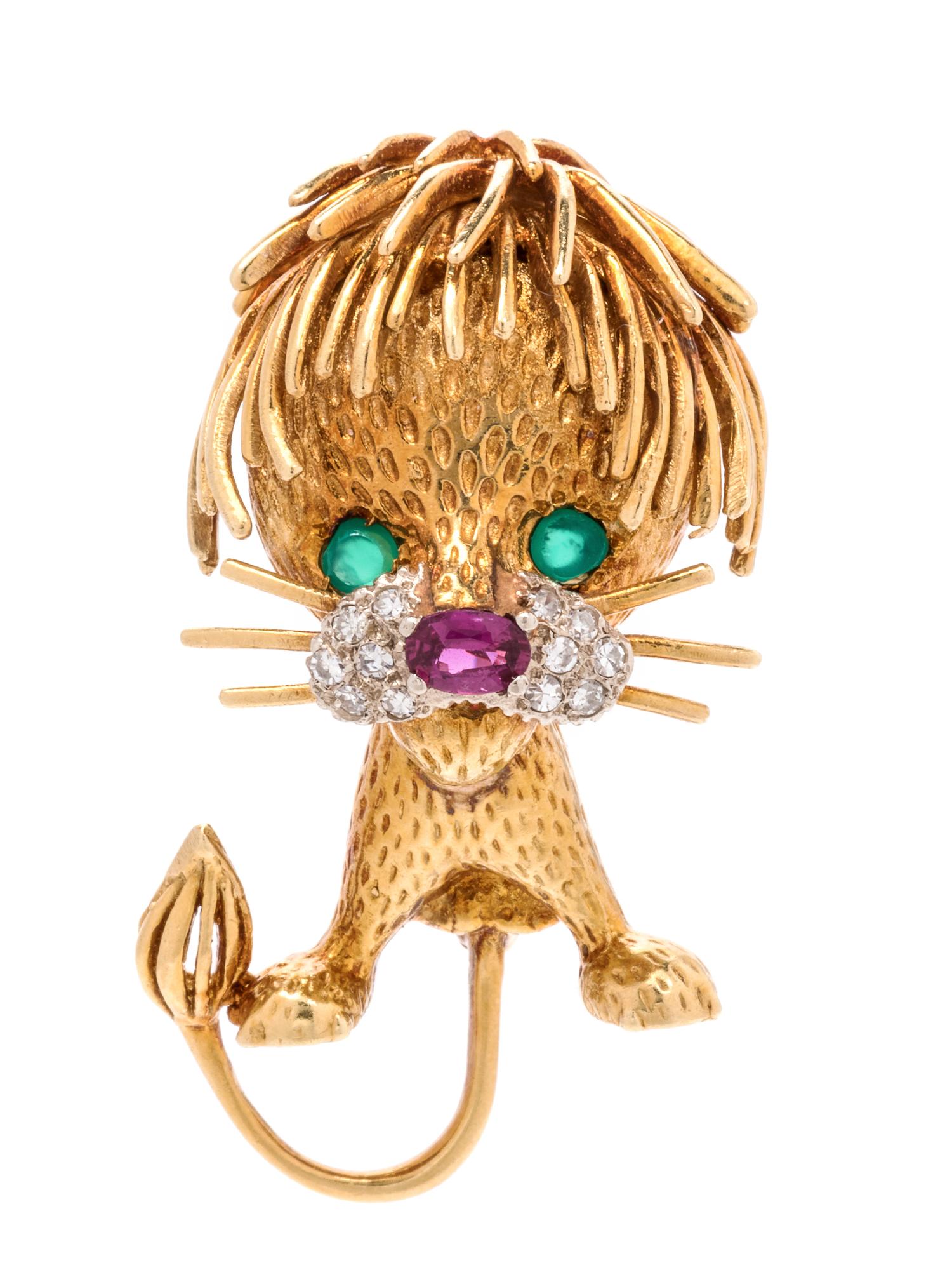 An 18 Karat Yellow Gold, Ruby, Diamond and Green Onyx Lion Brooch,