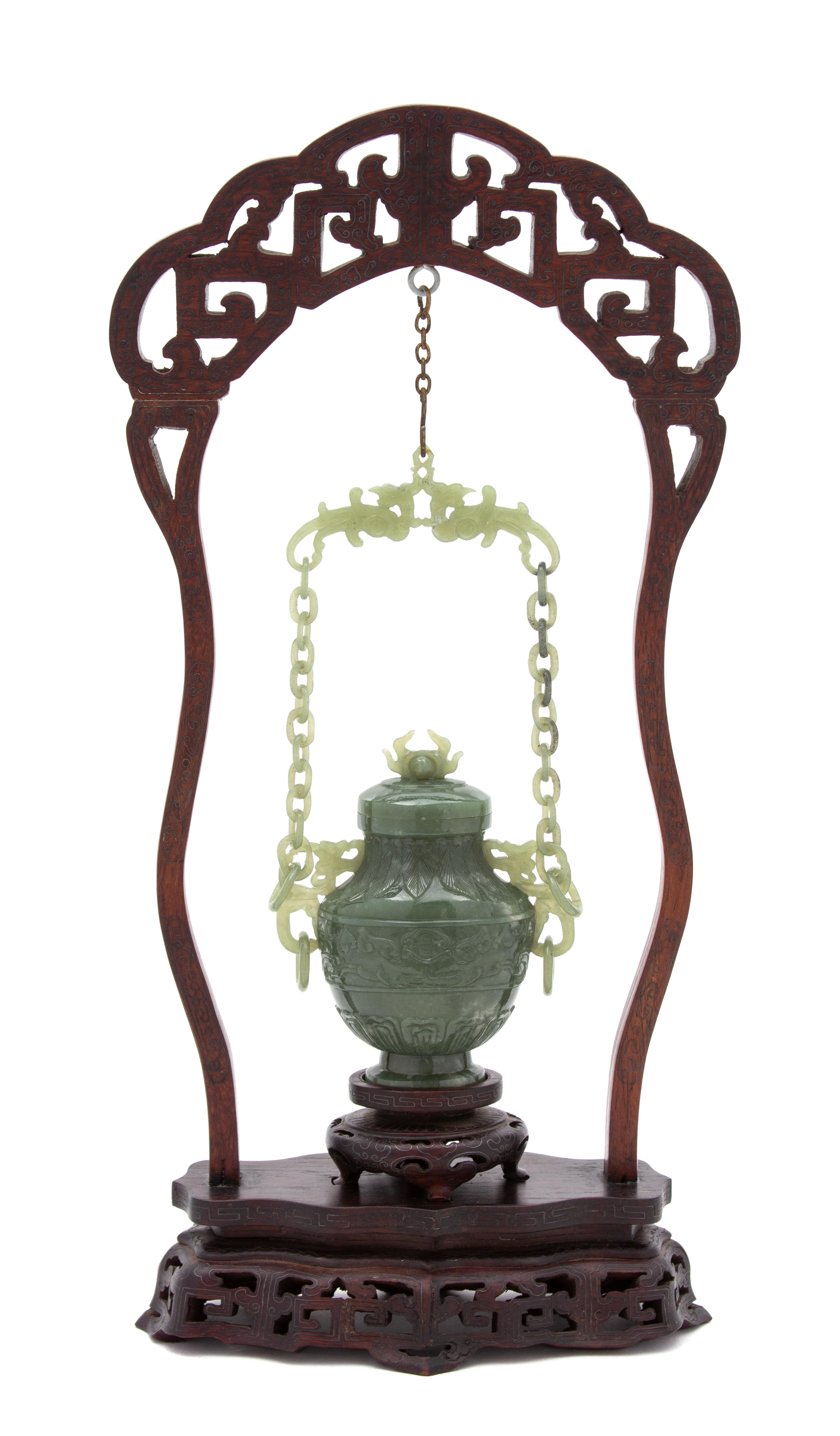 A Chinese Spinach Jade Covered Vase Height of jade 5 (overall 15) inches. — 20TH CENTURY