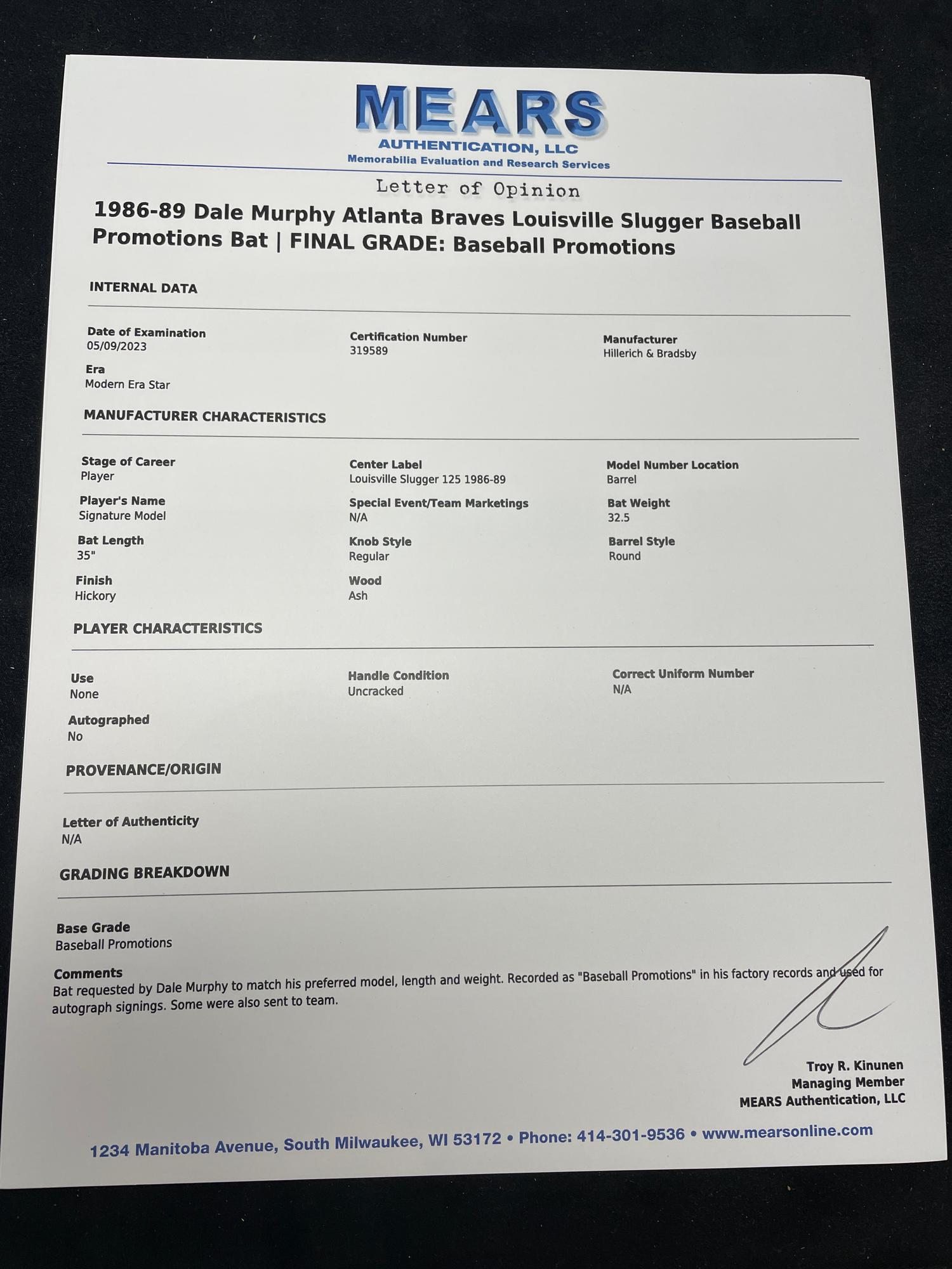 A Dale Murphy 1986-89 Atlanta Braves Baseball Promotions Louisville Slugger Bat (MEARS LOA)