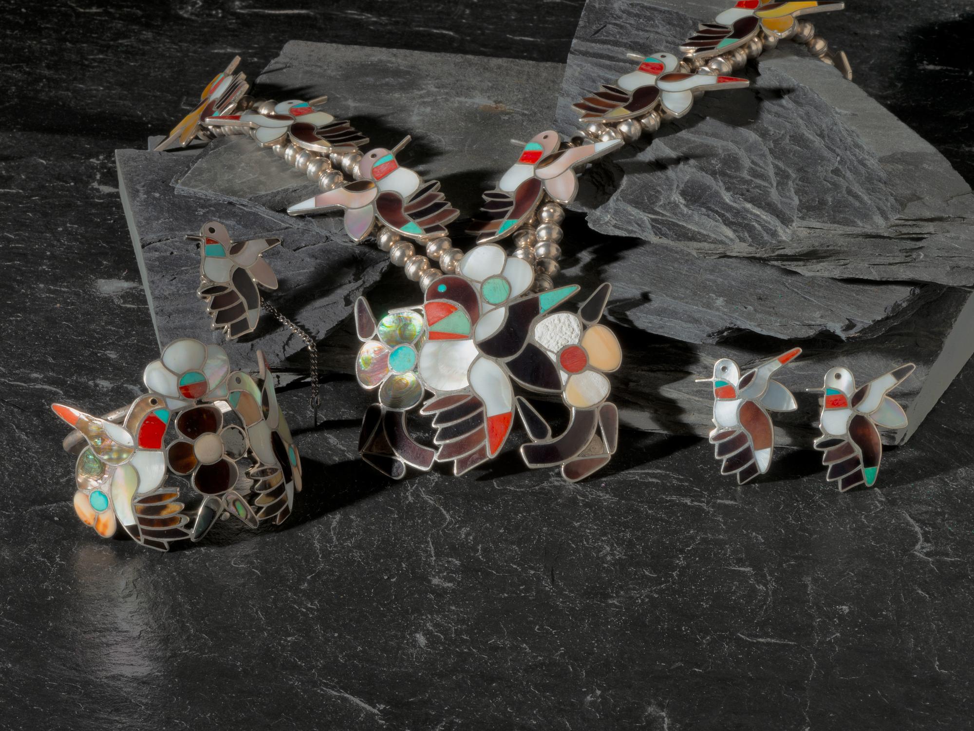 Channel Inlay Hummingbird Squash Blossom Necklace Suite