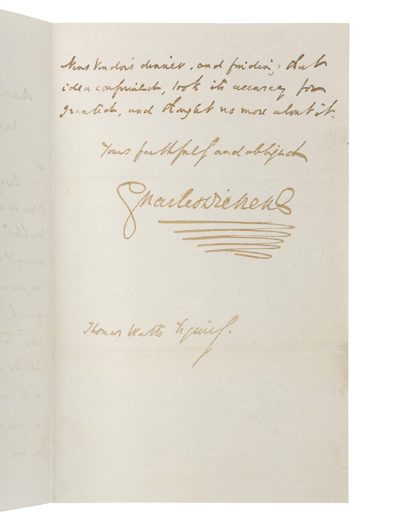 DICKENS, Charles (1812-1870). Autograph letter signed (“Charles Dickens”), to Thomas Watts, Devonshire Terrace, 3 December 1849.