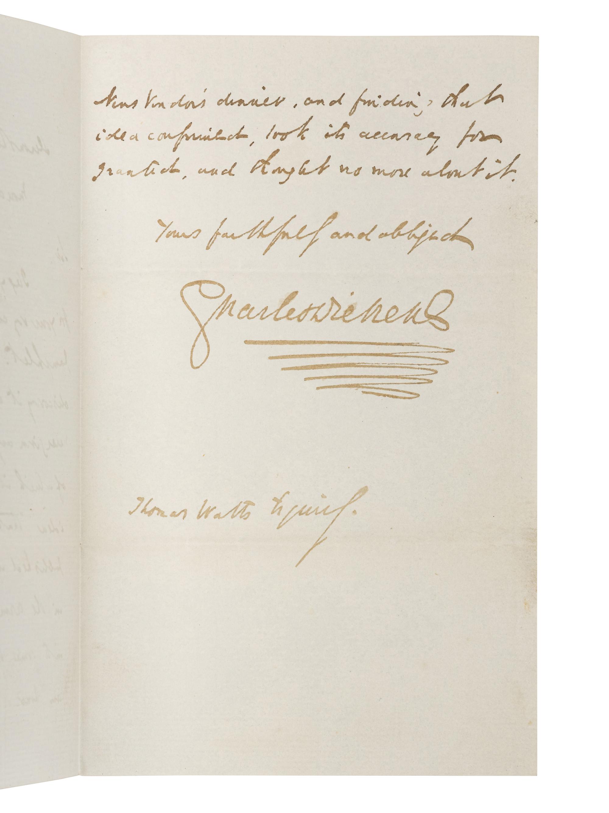 DICKENS, Charles (1812-1870). Autograph letter signed (“Charles Dickens”), to Thomas Watts, Devonshire Terrace, 3 December 1849.