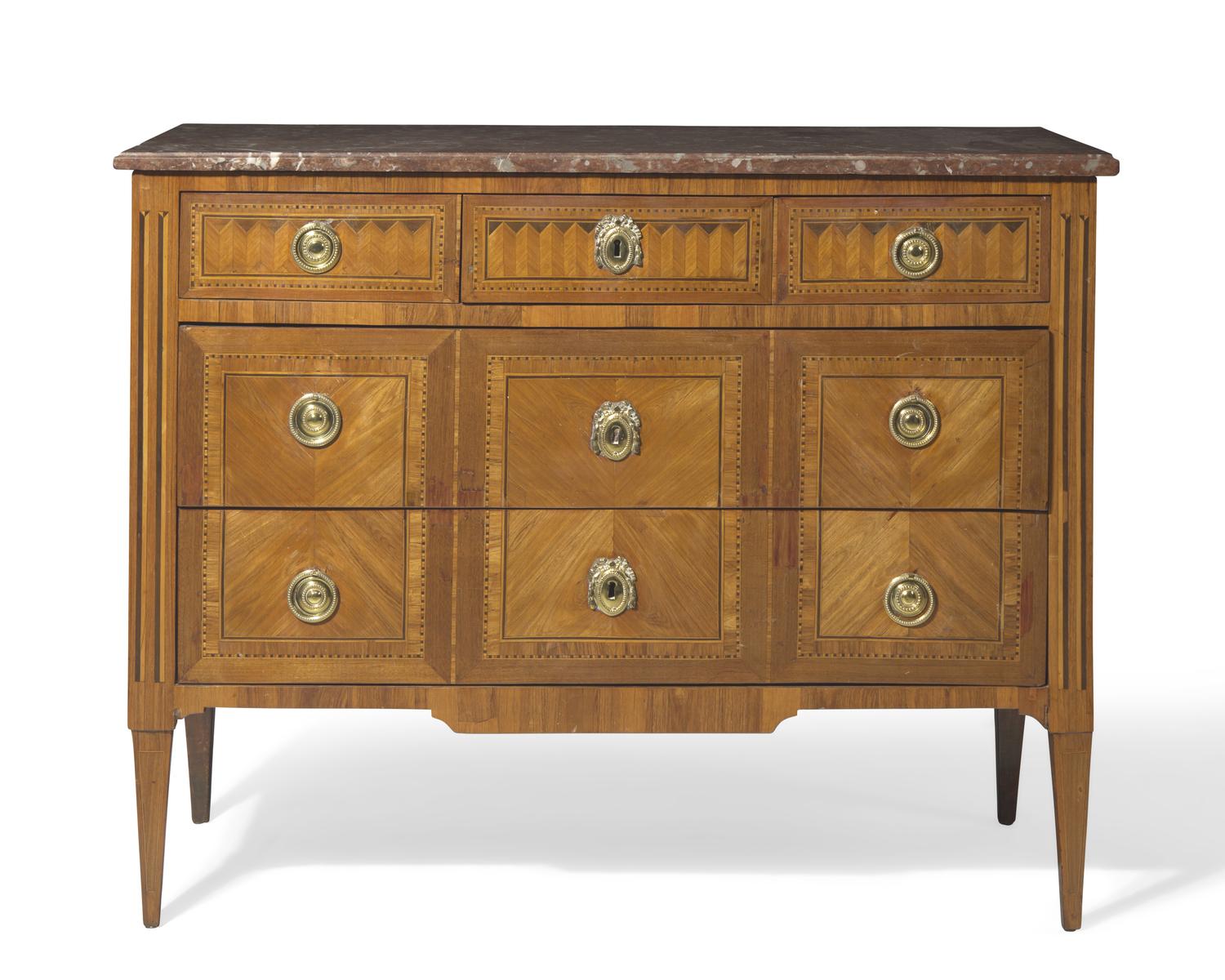 A French Directoire parquetry mahogany commode with red breccia marble top, circa 1800
