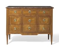 A French Directoire parquetry mahogany commode with red breccia marble top, circa 1800