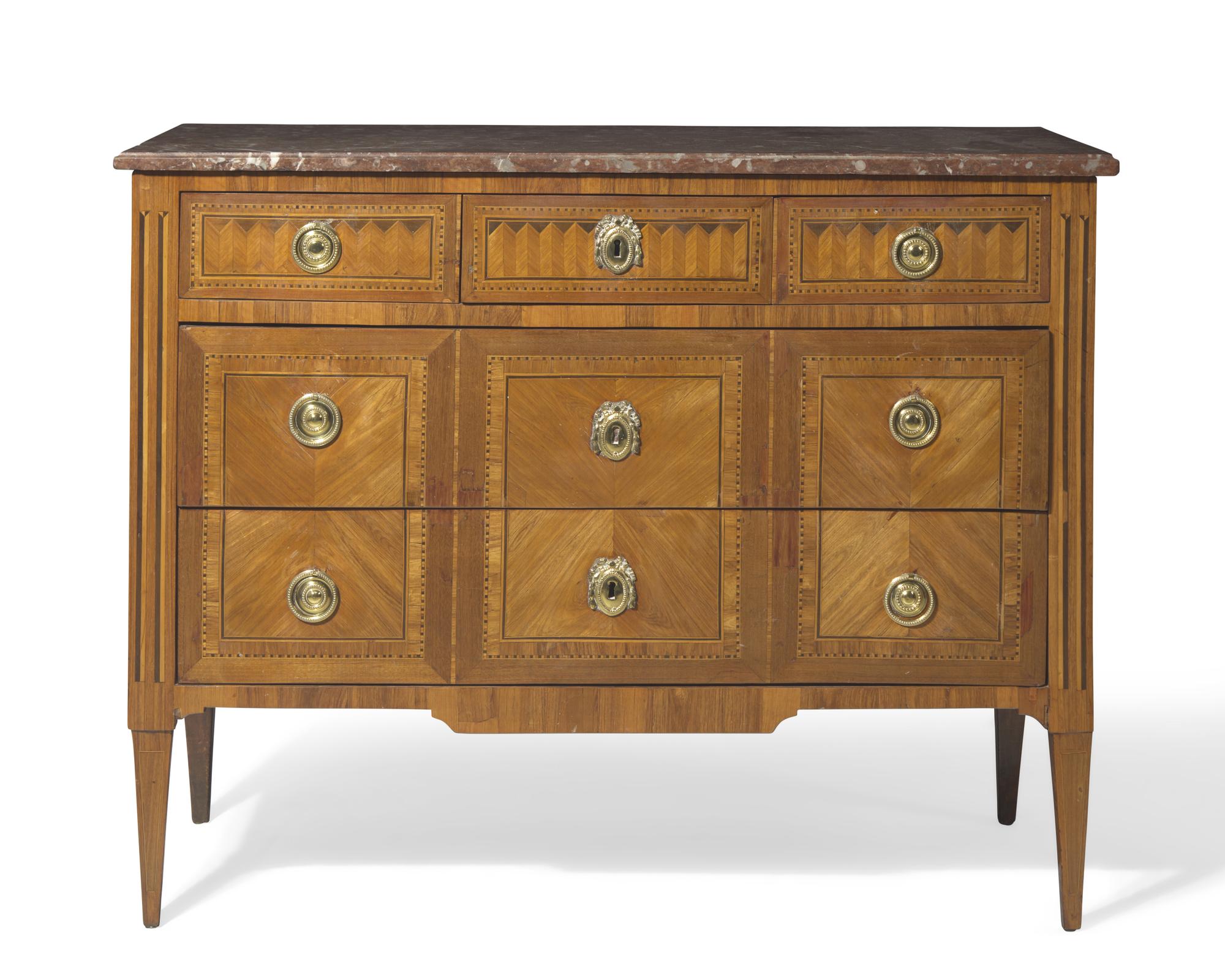 A French Directoire parquetry mahogany commode with red breccia marble top, circa 1800