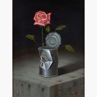 Javier Mulio (Spanish, b.1957) Still Life with Metal Can and Salmon Rose