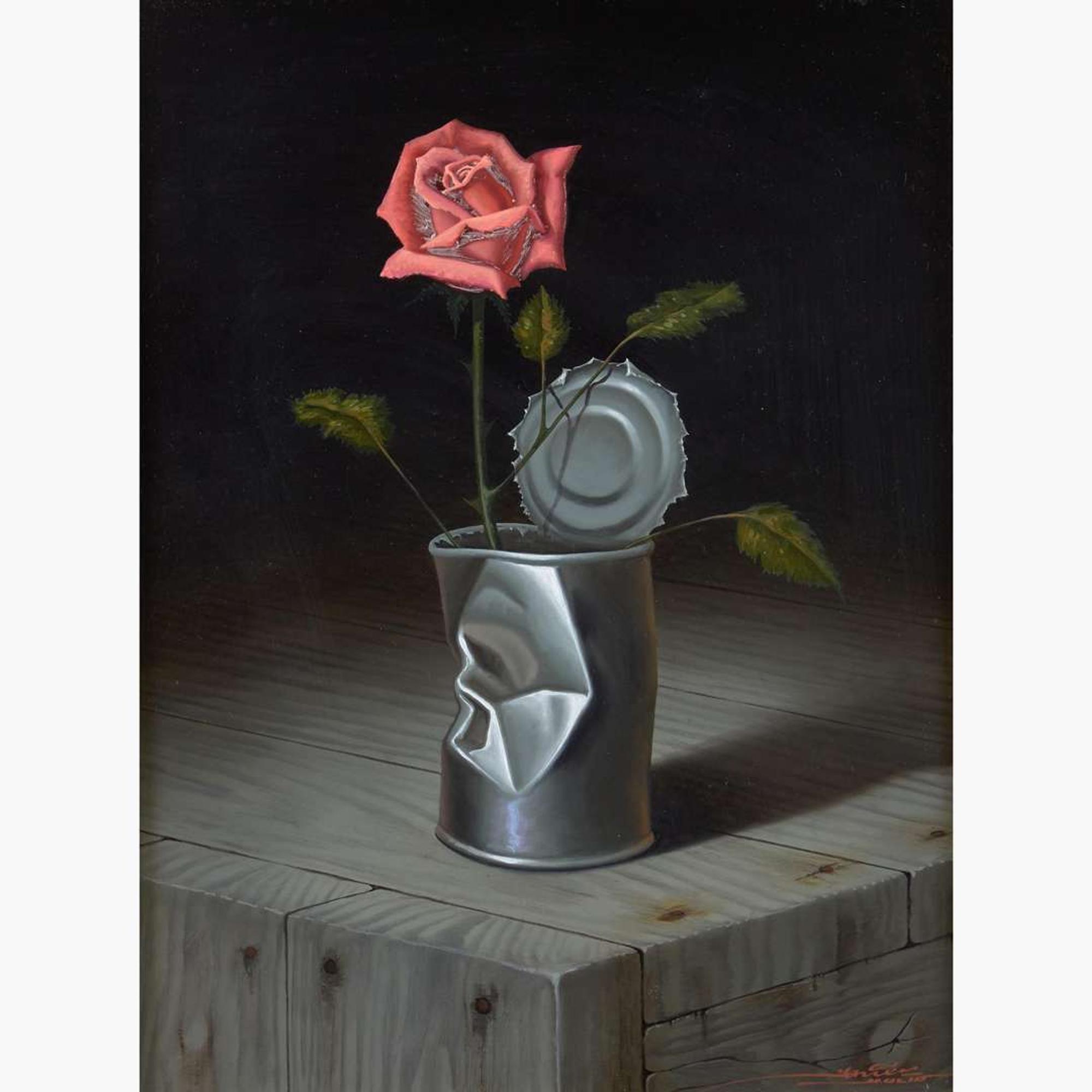 Javier Mulio (Spanish, b.1957) Still Life with Metal Can and Salmon Rose