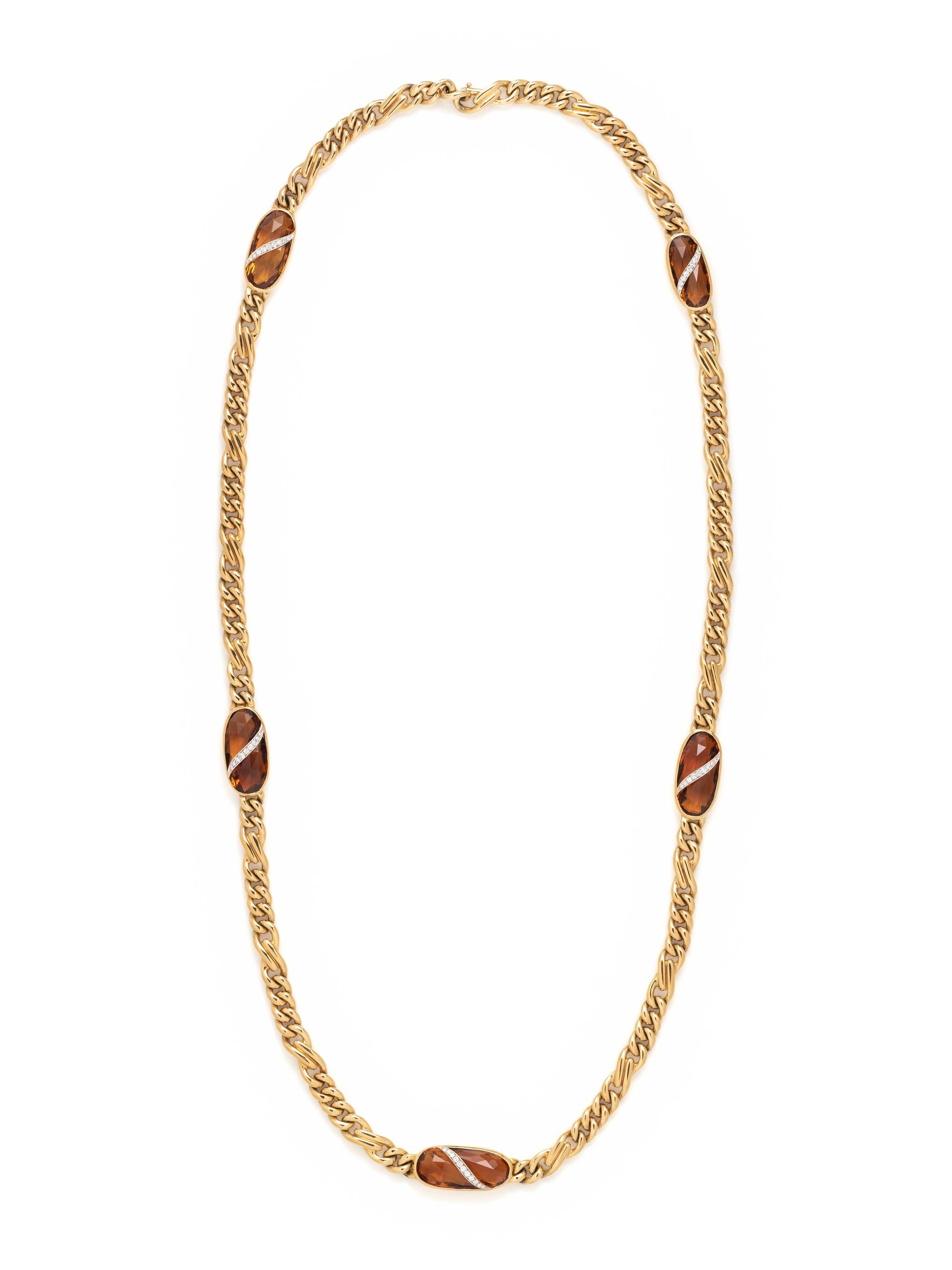 YELLOW GOLD, CITRINE AND DIAMOND LONGCHAIN NECKLACE