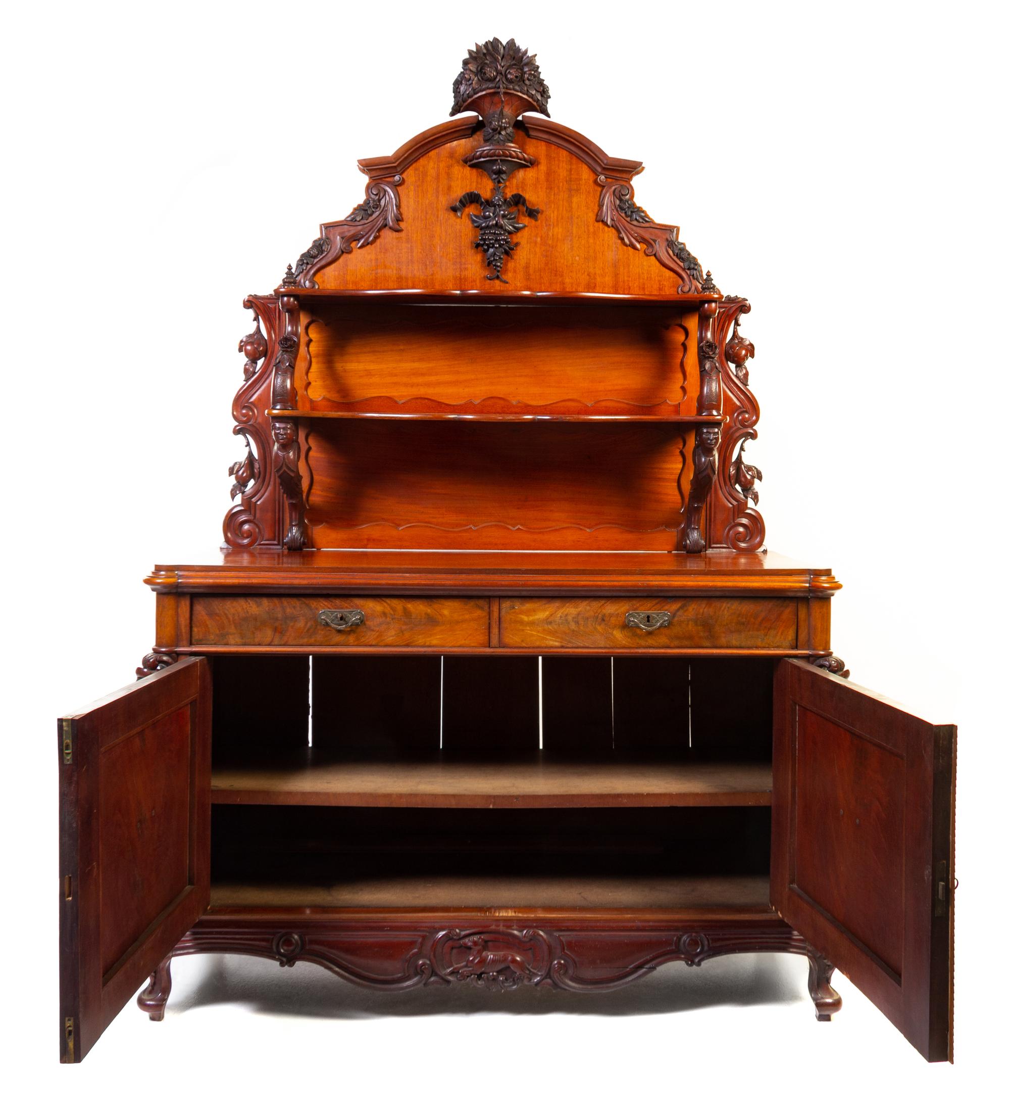 A Continental Carved Walnut Server Height 92 1/2 x width 60 x depth 22 1/4 inches. — 19TH CENTURY