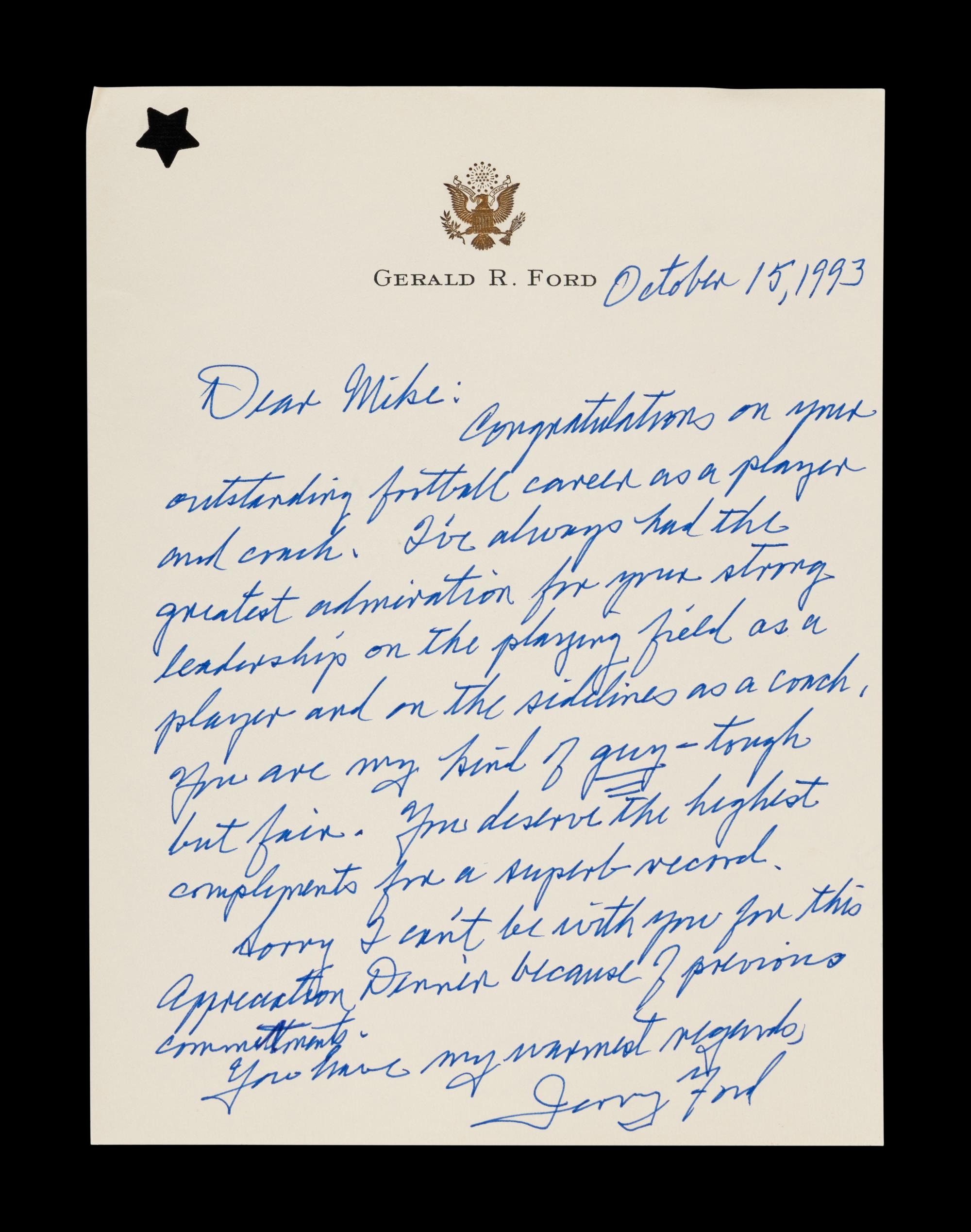 A Gerald Ford Signed Letter to Mike Ditka