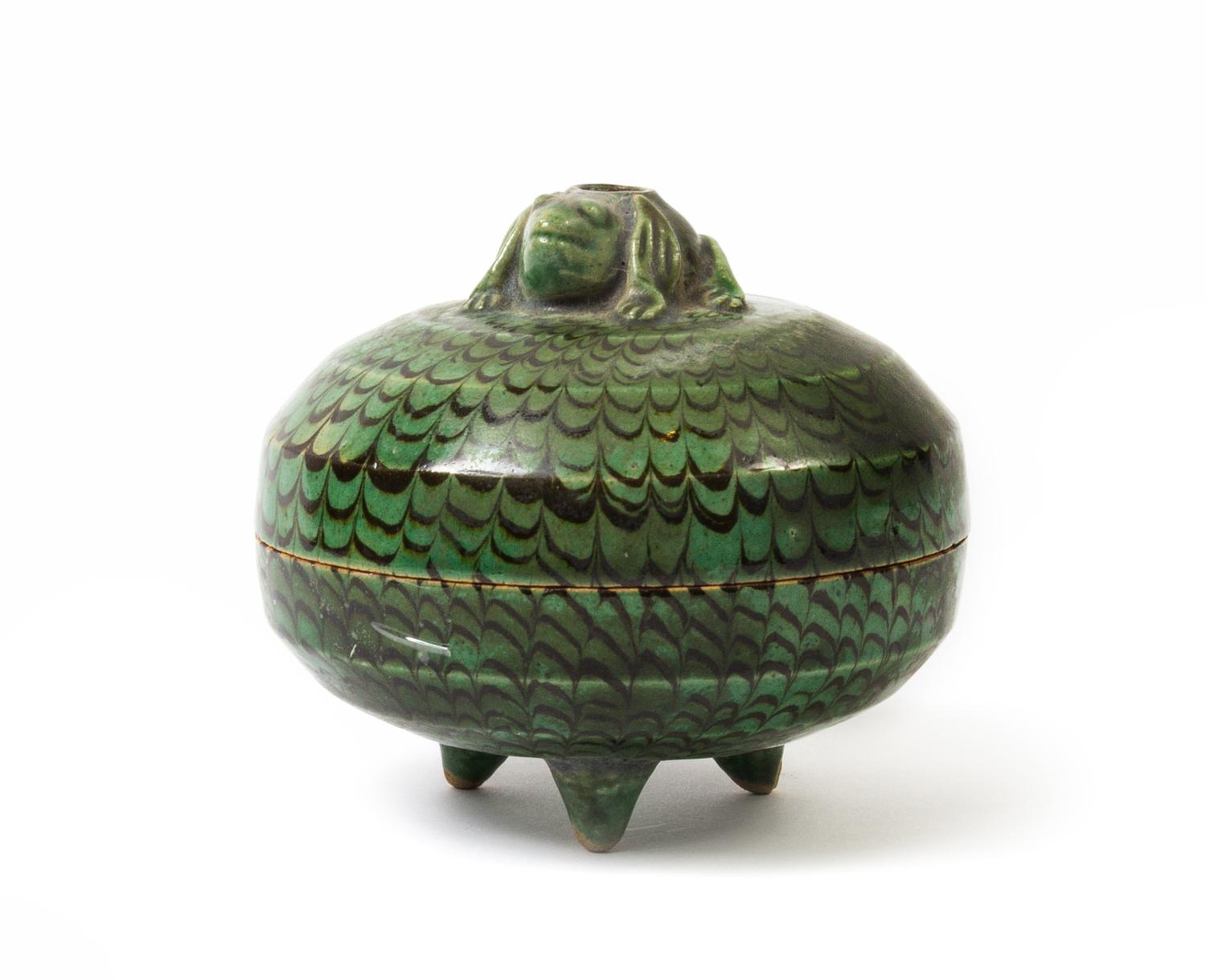 A Chinese Pottery Marbleized Green-Glaze Jiaotai Covered Box TANG DYNASTY Diameter 3 3/4 inches. — TANG DYNASTY
