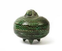 A Chinese Pottery Marbleized Green-Glaze Jiaotai Covered Box TANG DYNASTY Diameter 3 3/4 inches. — TANG DYNASTY