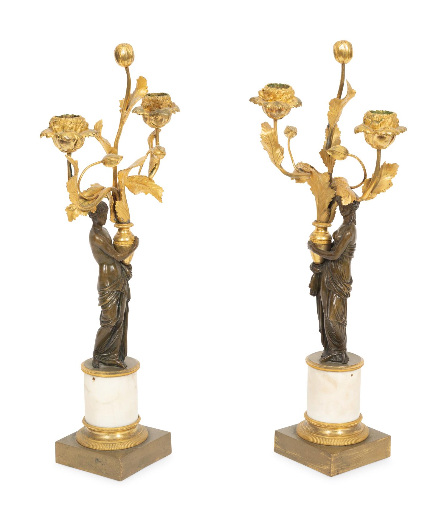 A Pair of Lous XVI Style Gilt and Patinated Bronze and Marble Figural Candelabra