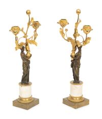 A Pair of Lous XVI Style Gilt and Patinated Bronze and Marble Figural Candelabra