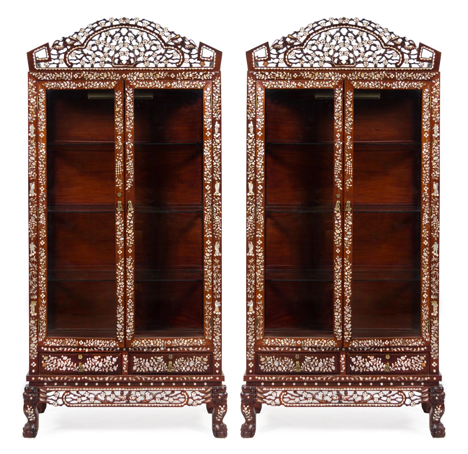 A Pair of Chinese Export Mother-of-Pearl Inlaid Vitrine Cabinets Height 82 1/2 x width 38 x depth 18 inches. — 20TH CENTURY
