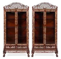 A Pair of Chinese Export Mother-of-Pearl Inlaid Vitrine Cabinets Height 82 1/2 x width 38 x depth 18 inches. — 20TH CENTURY