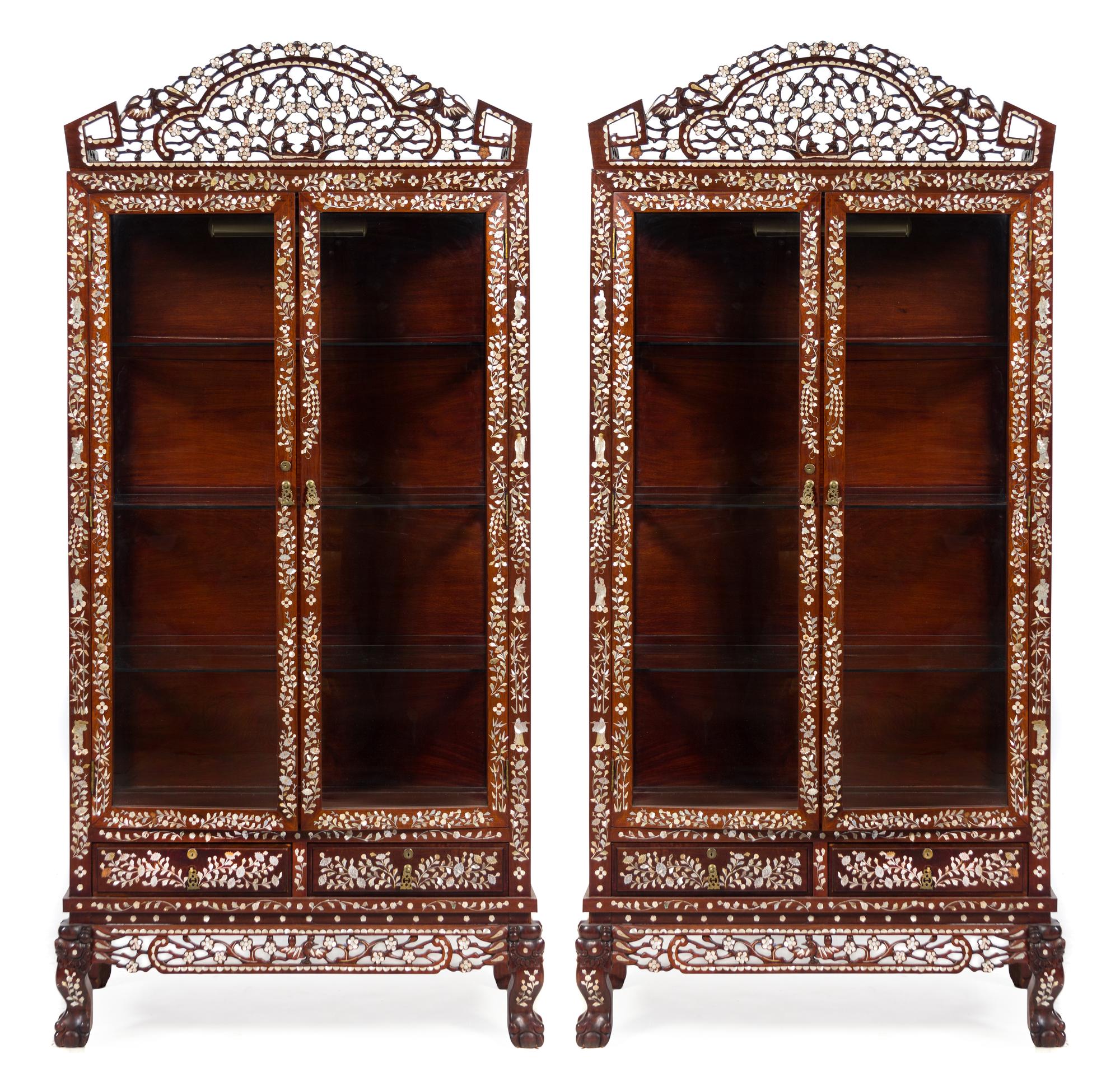 A Pair of Chinese Export Mother-of-Pearl Inlaid Vitrine Cabinets Height 82 1/2 x width 38 x depth 18 inches. — 20TH CENTURY