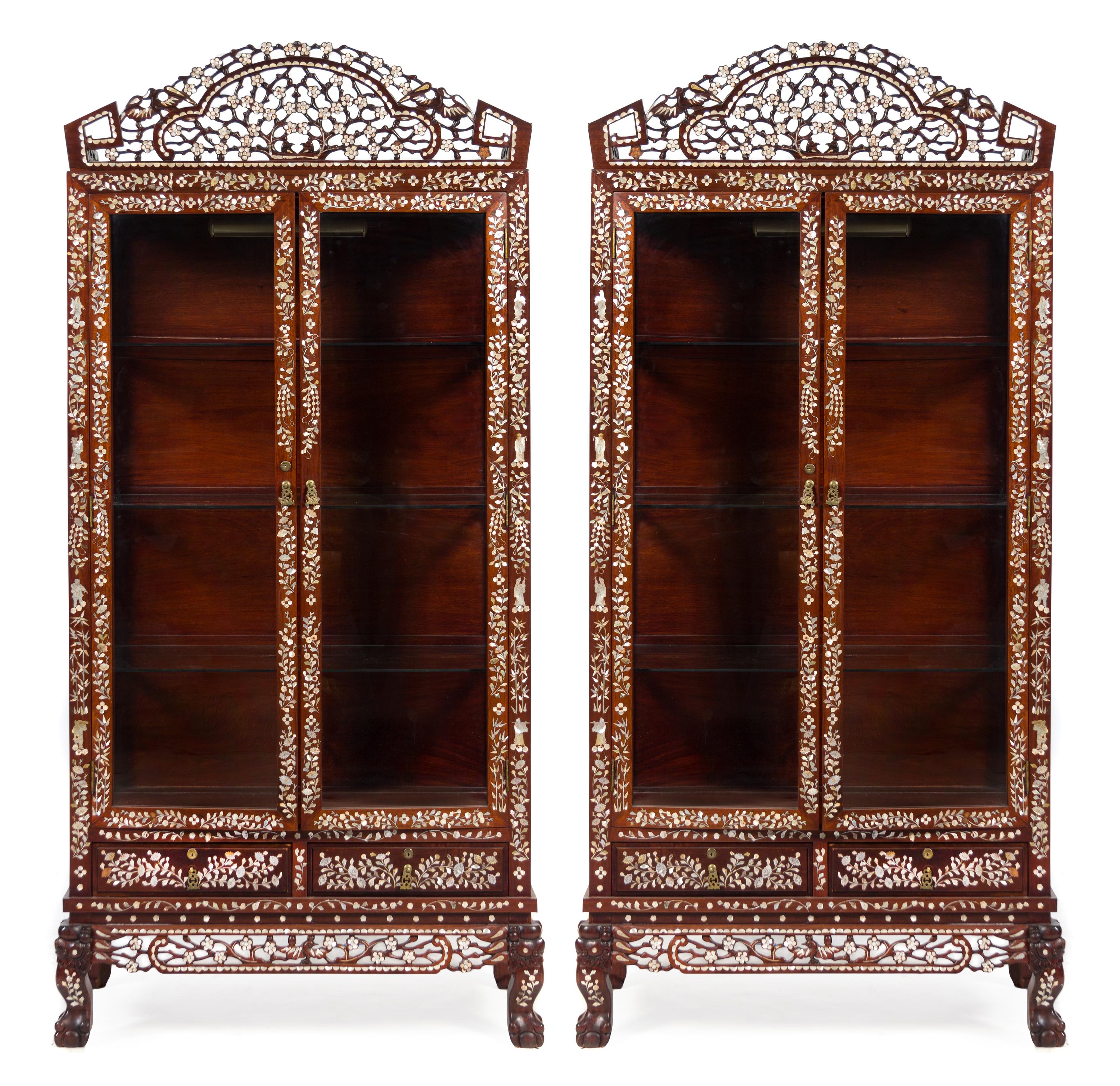 A Pair of Chinese Export Mother-of-Pearl Inlaid Vitrine Cabinets Height 82 1/2 x width 38 x depth 18 inches. — 20TH CENTURY