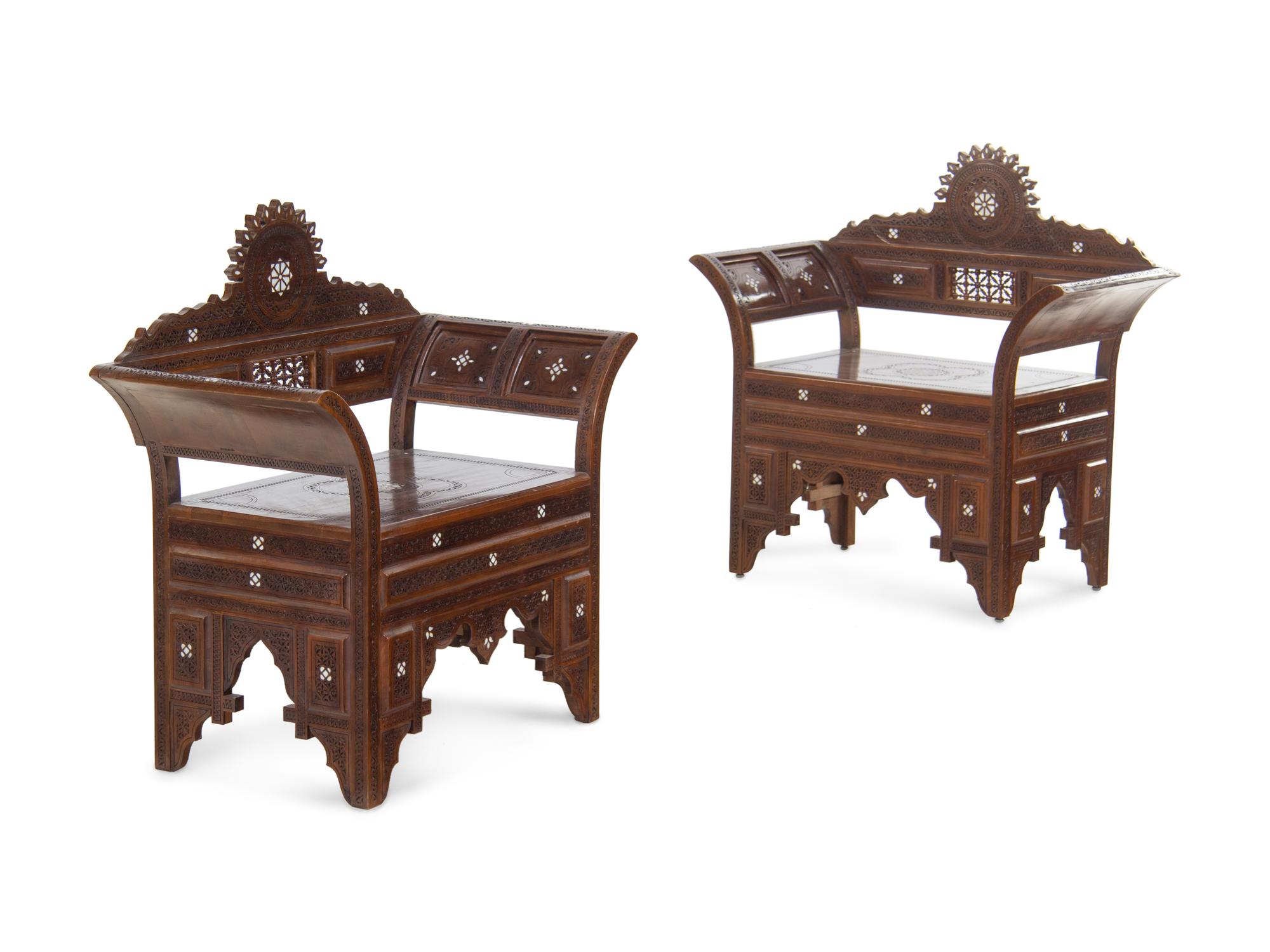 A Pair of Syrian Mother-of-Pearl Inlaid Carved Walnut Armchairs