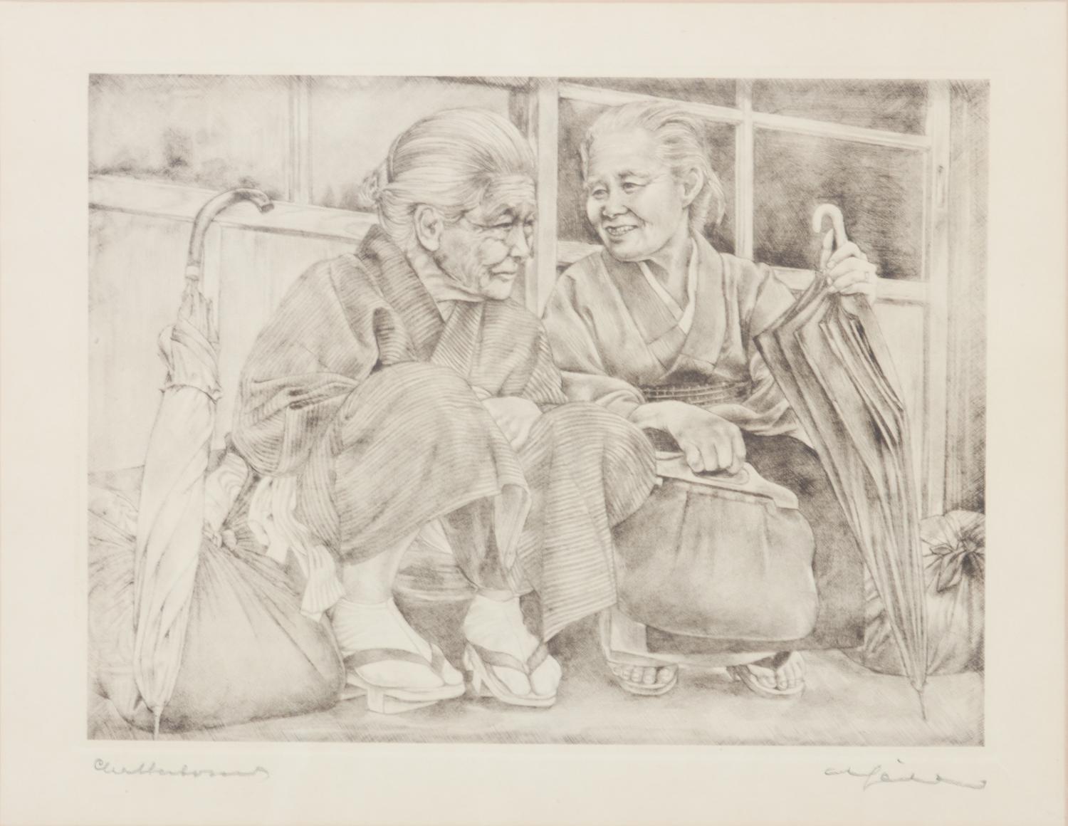 Willy Seiler, (German, 1903-1988), Five works: Japanese Rice Farmer, Rainy Day, Chatterboxes, Famous Beauty, and Little Mother