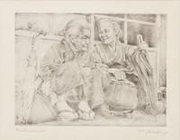 Willy Seiler, (German, 1903-1988), Five works: Japanese Rice Farmer, Rainy Day, Chatterboxes, Famous Beauty, and Little Mother
