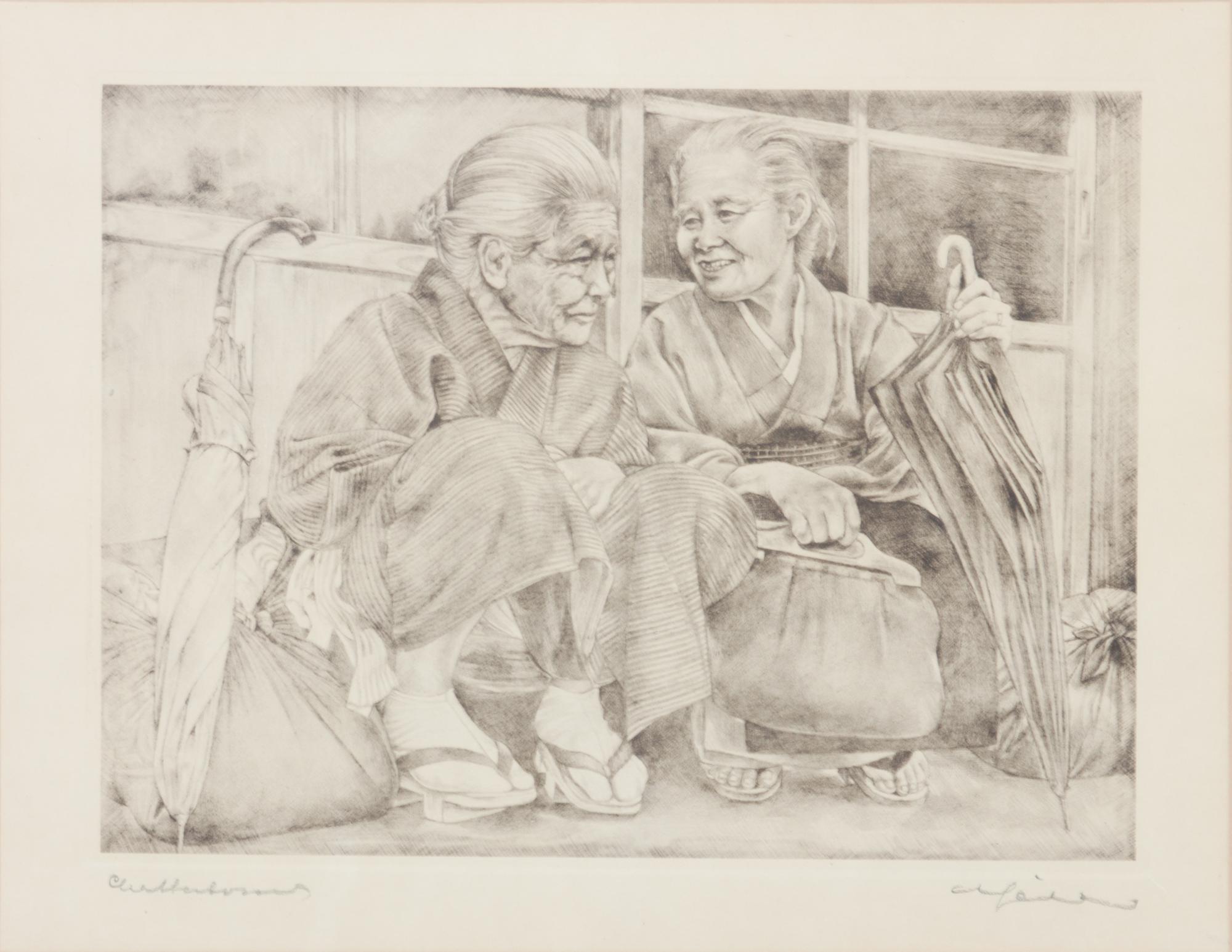 Willy Seiler, (German, 1903-1988), Five works: Japanese Rice Farmer, Rainy Day, Chatterboxes, Famous Beauty, and Little Mother