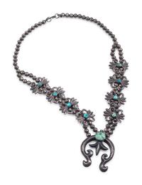 Navajo Sandcast Silver and Turquoise Squash Blossom Necklace