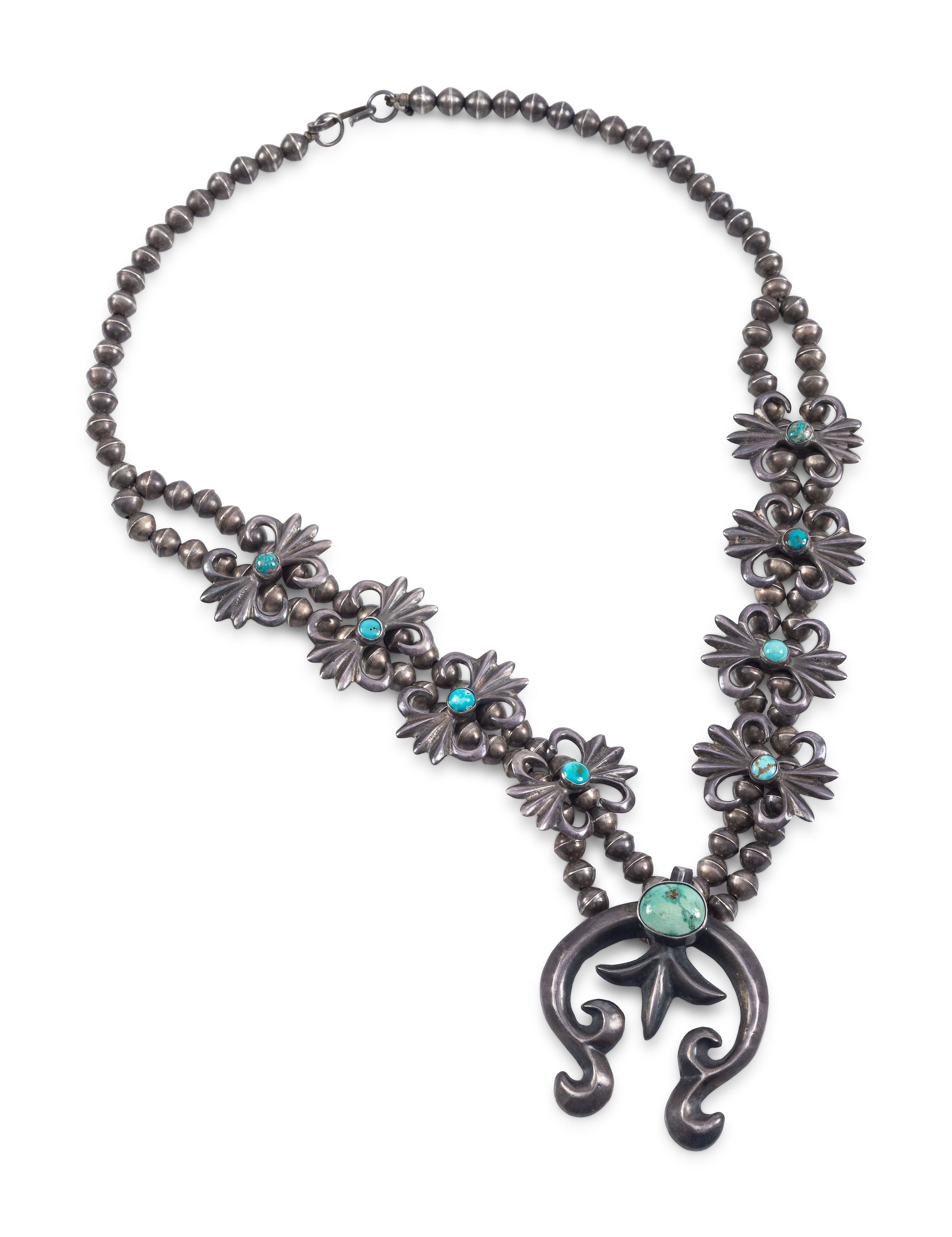 Navajo Sandcast Silver and Turquoise Squash Blossom Necklace