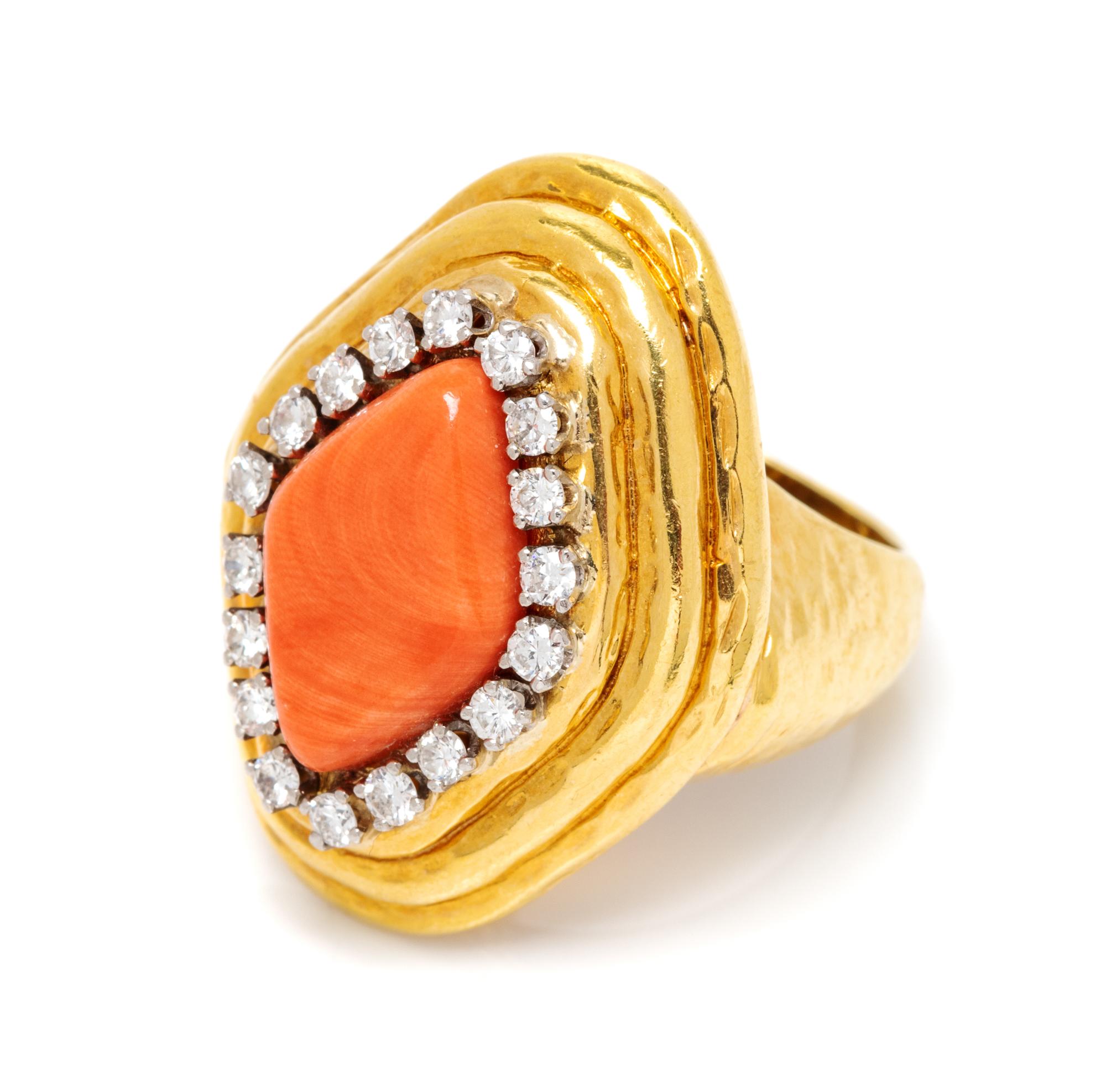 An 18 Karat Yellow Gold, Coral and Diamond Ring, Charles Turi, 13.00 dwts.