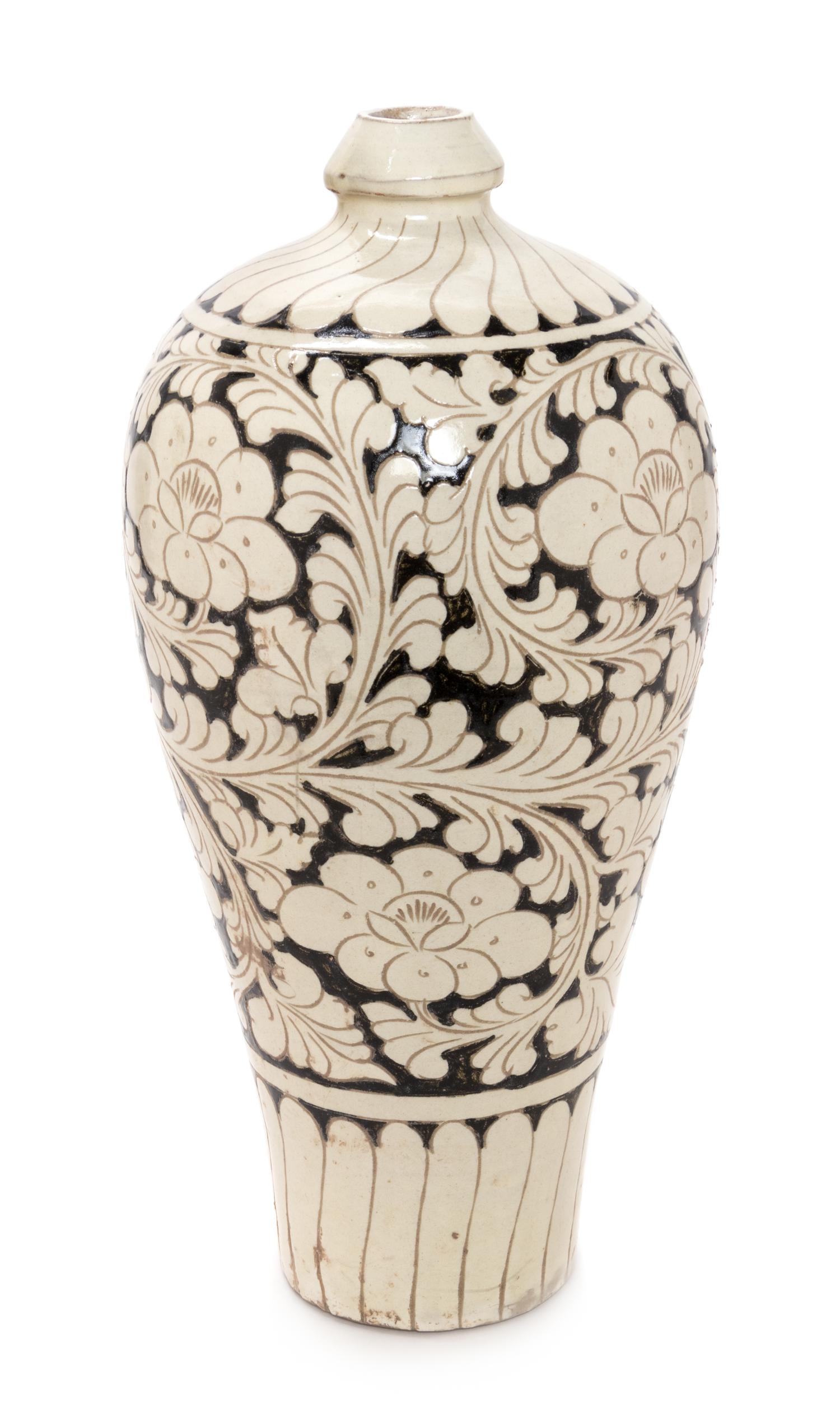 A Chinese Cizhou Style Sgraffitao Peony Porcelain Vase, Meiping Height 14 1/2 inches. — 20TH CENTURY